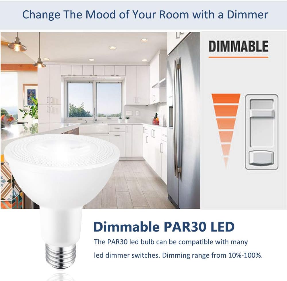Detalle 1 de TUMUPSM T-PARW12 PAR30 LED Bulbs, 3000K Warm White, Dimmable, 4-Pack