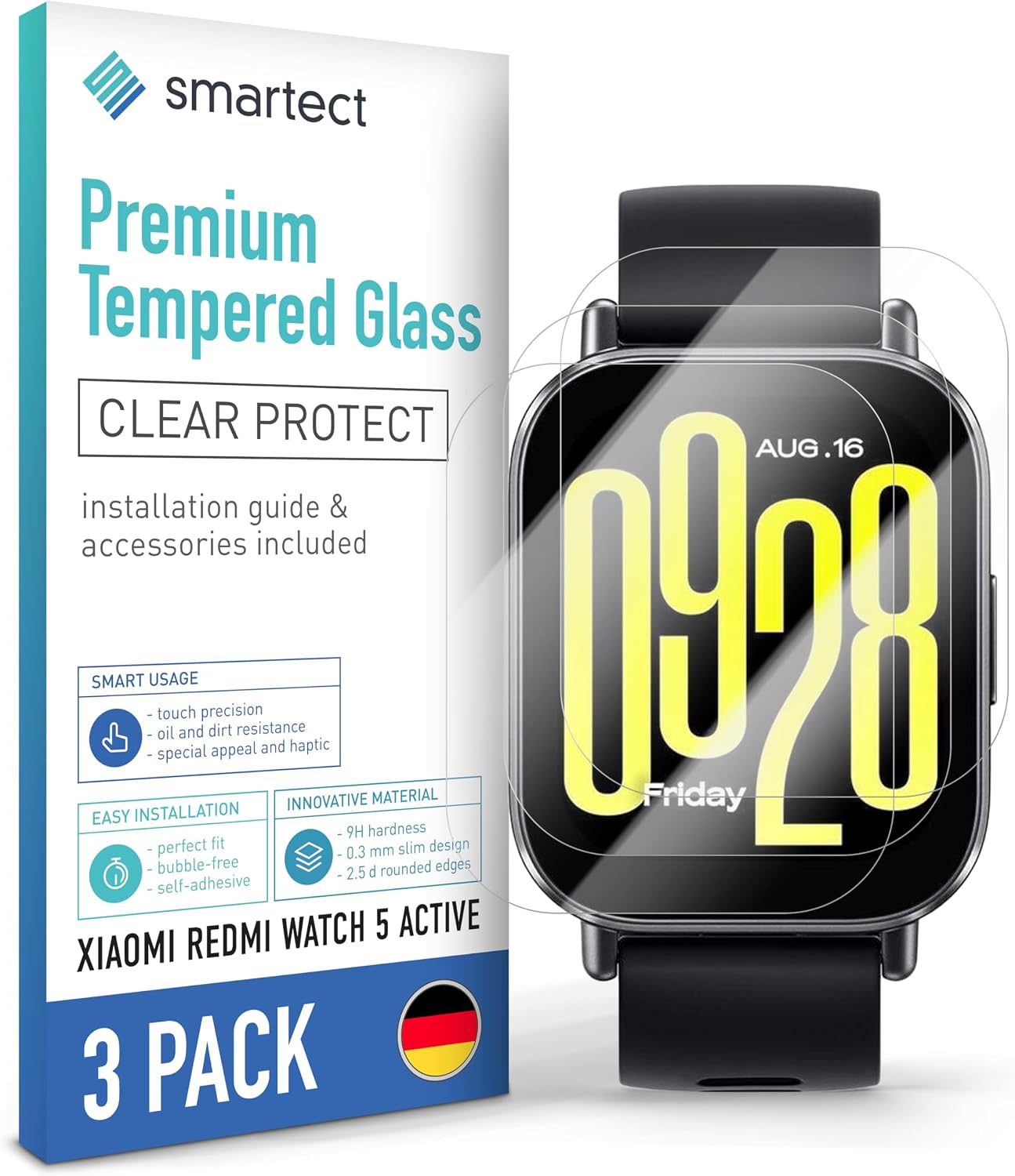 Detalle de SmarTect Tempered Glass for Xiaomi Redmi Watch 5 Active, 3-Pack, 9H