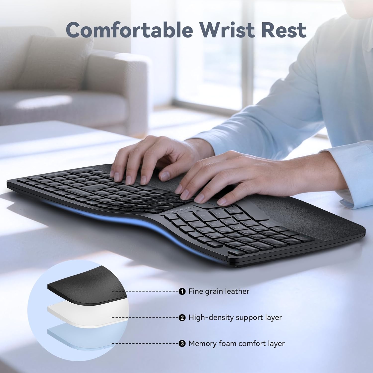 Thumbnail 5 de TECKNET Wireless Ergonomic Keyboard (2.4G USB & Bluetooth) with Wrist Rest