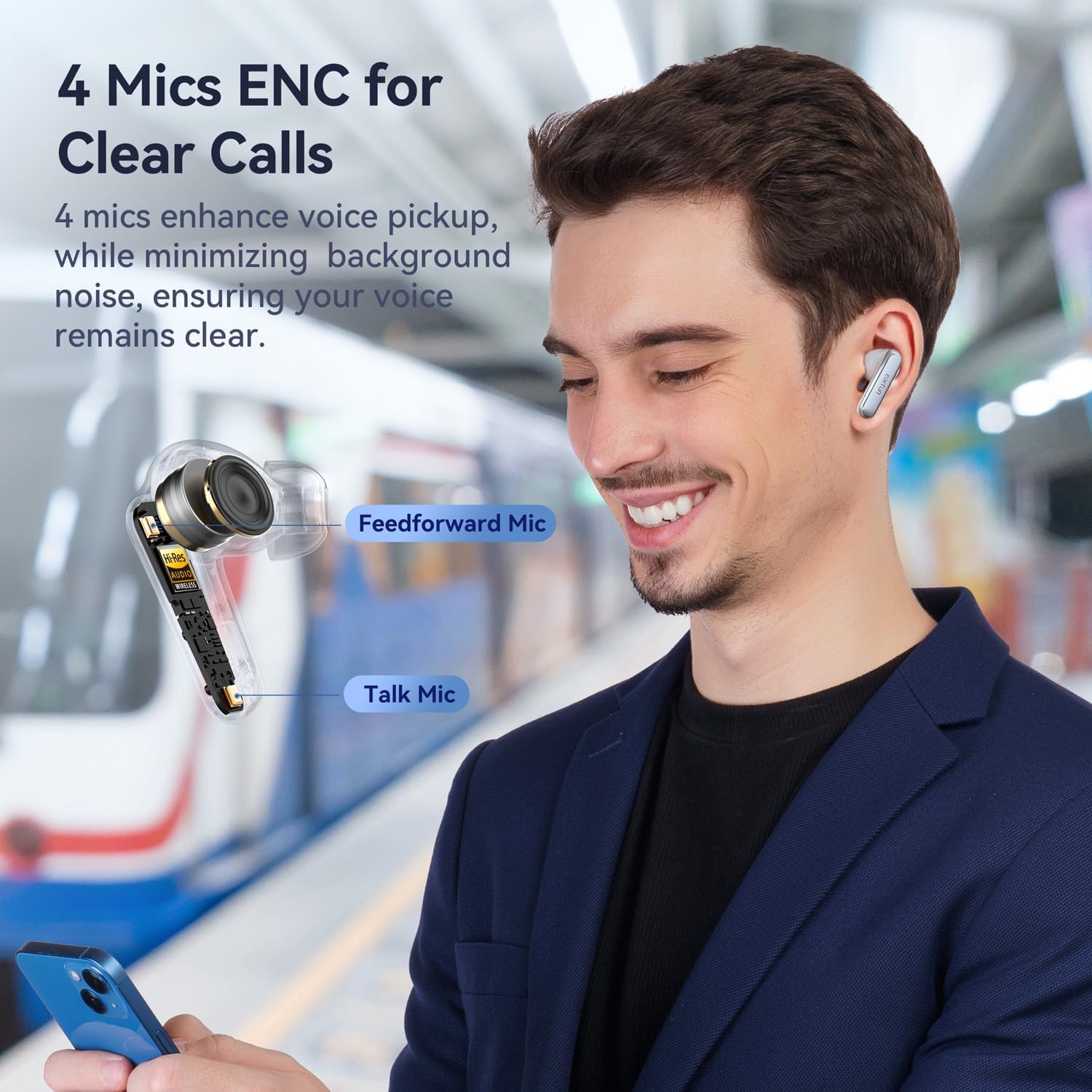 Detalle de EarFun Air 2 Wireless Earbuds (Bluetooth 5.3, LDAC, Hi-Res Sound, 4 mics ENC) – White