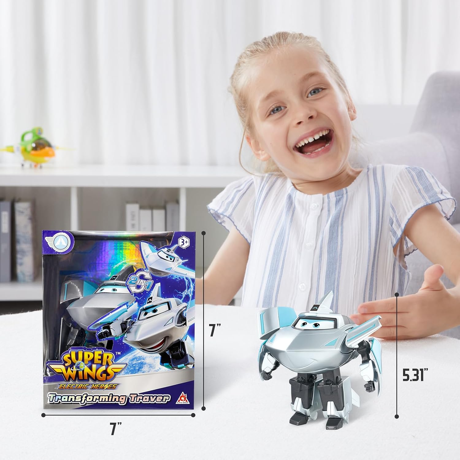Detalle de Super Wings Transformations-Flugzeug „Traver“ (ca. 12,7 cm) – 2-in-1 Spielzeug-Flugzeug & Roboterfigur für Kinder ab 3 Jahren, Silver