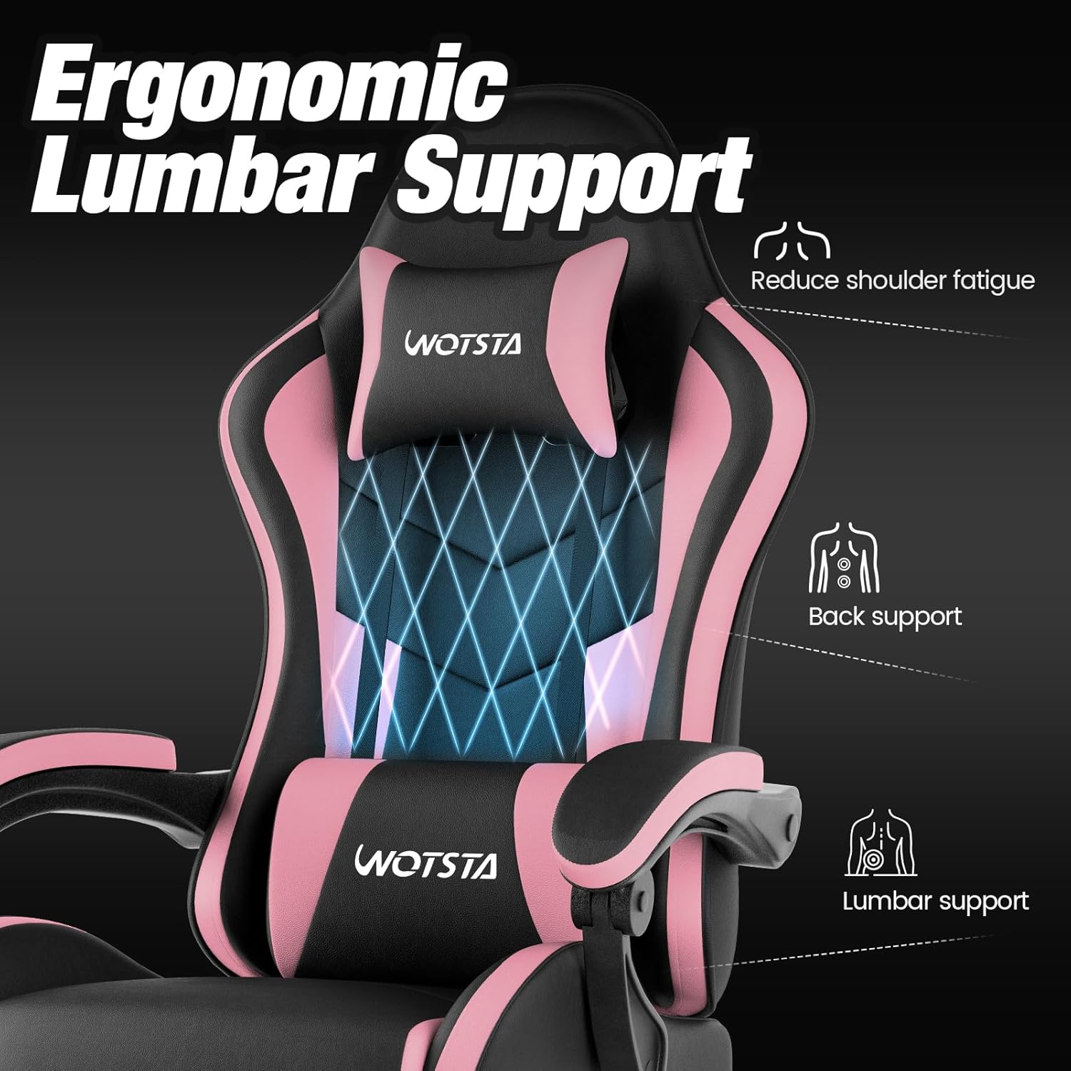 Thumbnail 3 de WOTSTA Gaming Chair with Footrest – Ergonomic PC Chair with Lumbar Support, Head Rest and 360° Swivel (Black Pink)