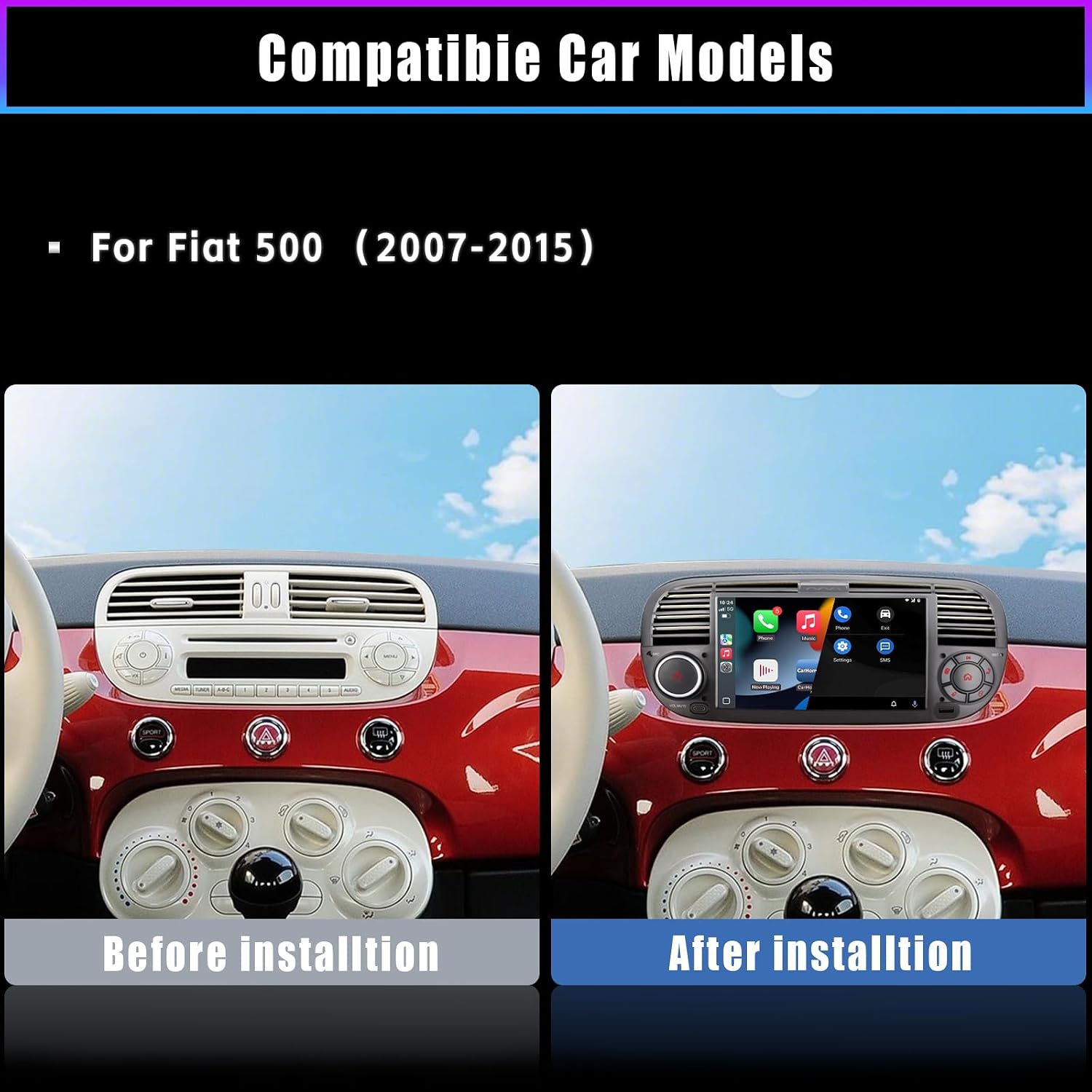 Detalle 2 de Autoradio doppio DIN per Fiat 500 con touchscreen, USB, Bluetooth, FM/AM e Linux (CarPlay/Android Auto wireless)
