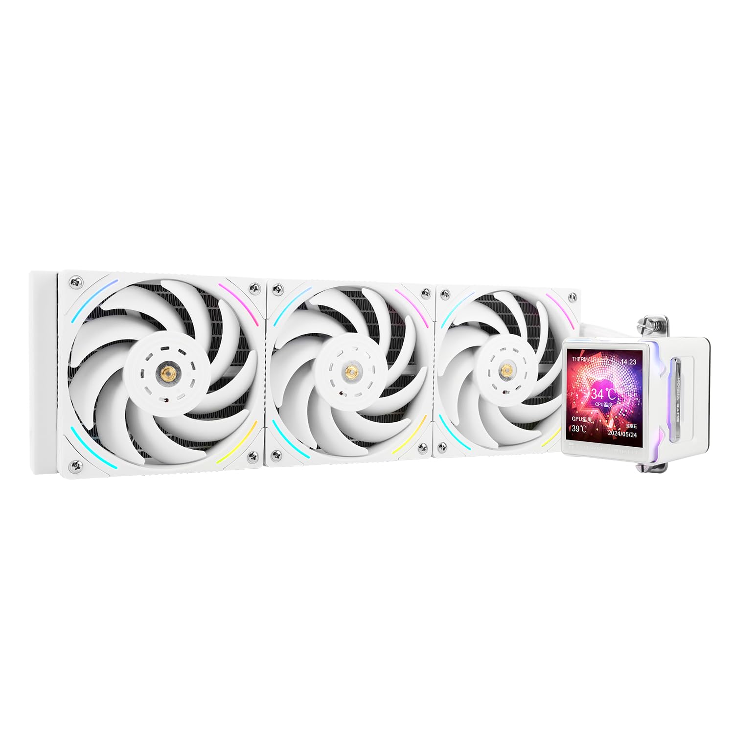 Detalle de TR Elite Vision 360 ARGB White liquid CPU cooler con display IPS LCD 2,73" (360 mm) per AM5 e Intel 1700/1851