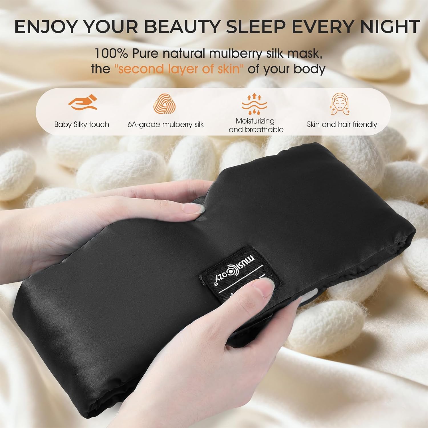 Detalle de MUSICOZY Silk Sleep Mask Headphones: 100% Mulberry Silk Bluetooth Sleep Mask with 3D Eye Design