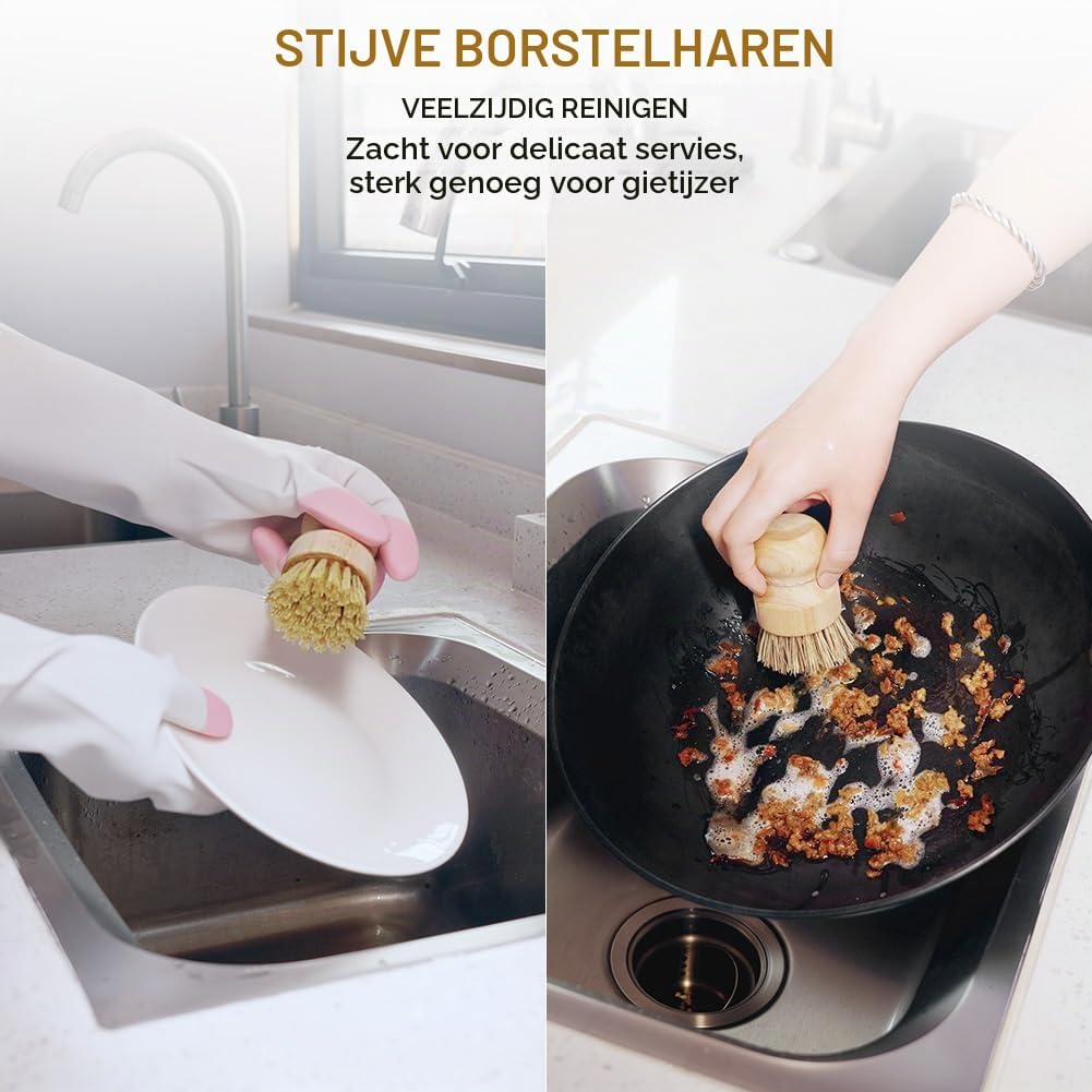 Detalle de AUAUY afwasborstelset, 3-delig met rubberhouten handvat en sisalvezels