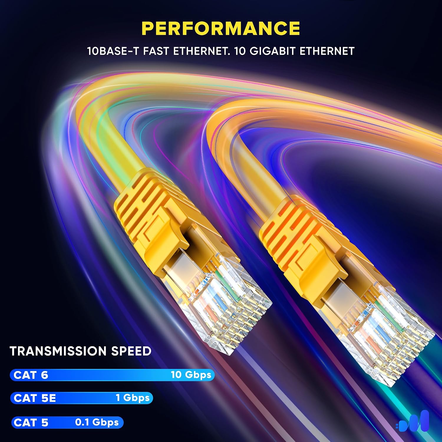 Detalle 2 de Maximm Cat6 Ethernet Cable, 7 ft, 10 Gbps, Yellow, 6-Pack