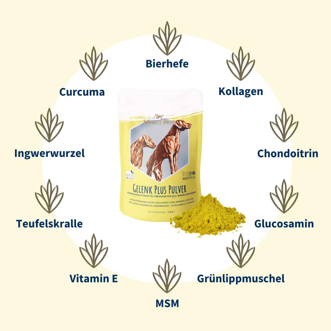 Detalle 2 de Mighty Pets GELENK Plus Pulver für Hunde (bis 125 Portionen) mit Grünlippmuschel, MSM & Kurkuma