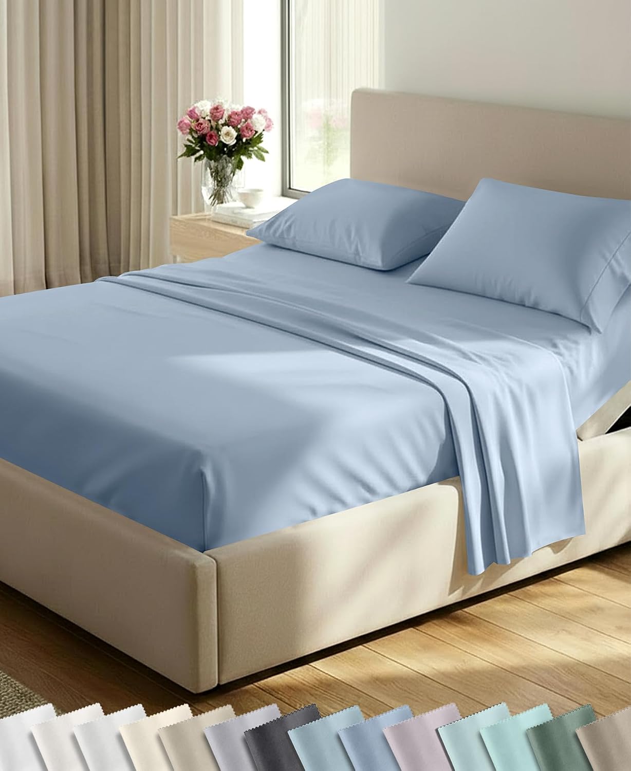 Detalle de California Design Den 600 Thread Count Split King Sheets, Cotton Sateen, Blue