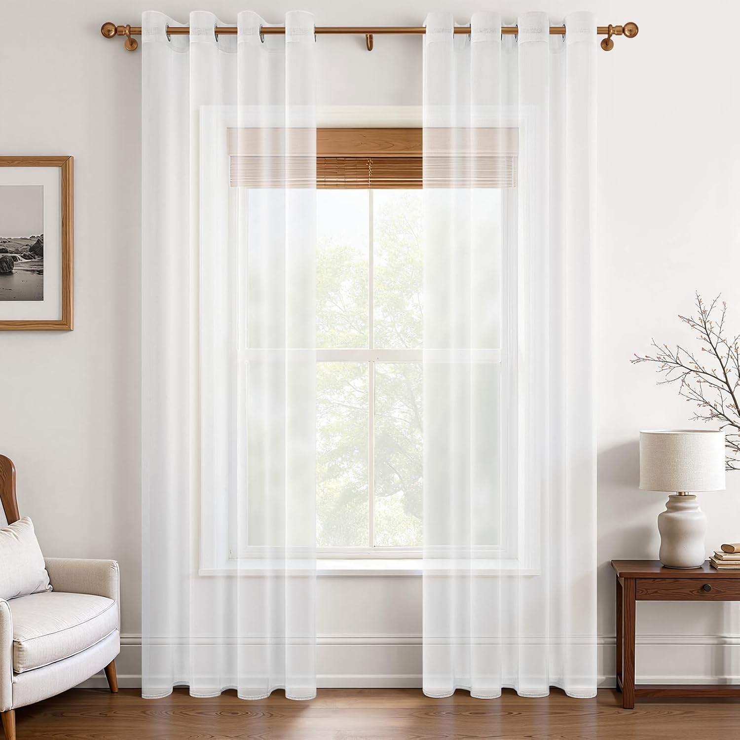 Detalle de MRTREES White Voile Curtains 72" Drop Pair (52x72 Inch) – sheer faux linen eyelet panels