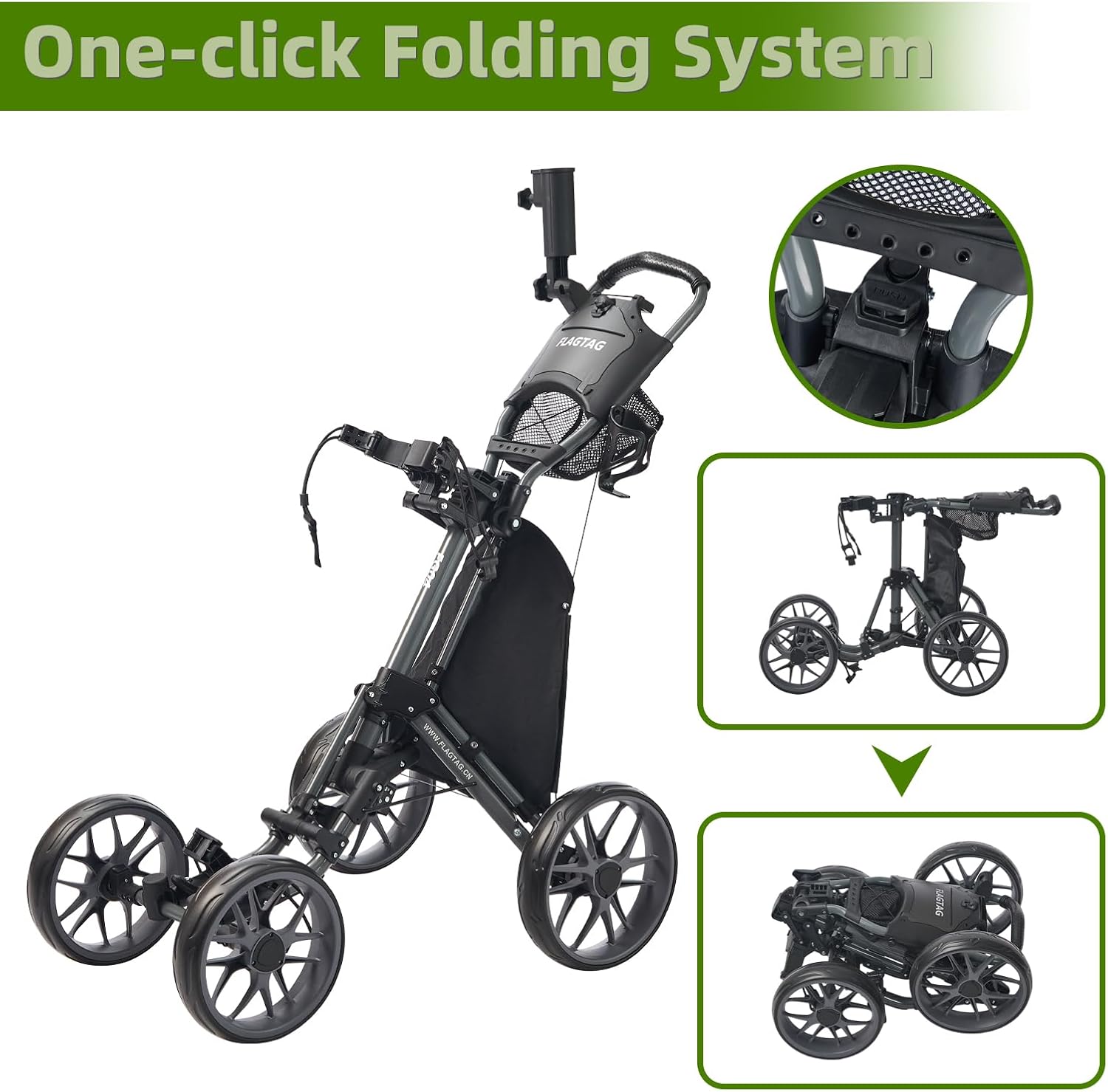 Detalle 2 de FLAGTAG 4-Wheel Golf Push Cart with One-Click Folding and Adjustable Handle