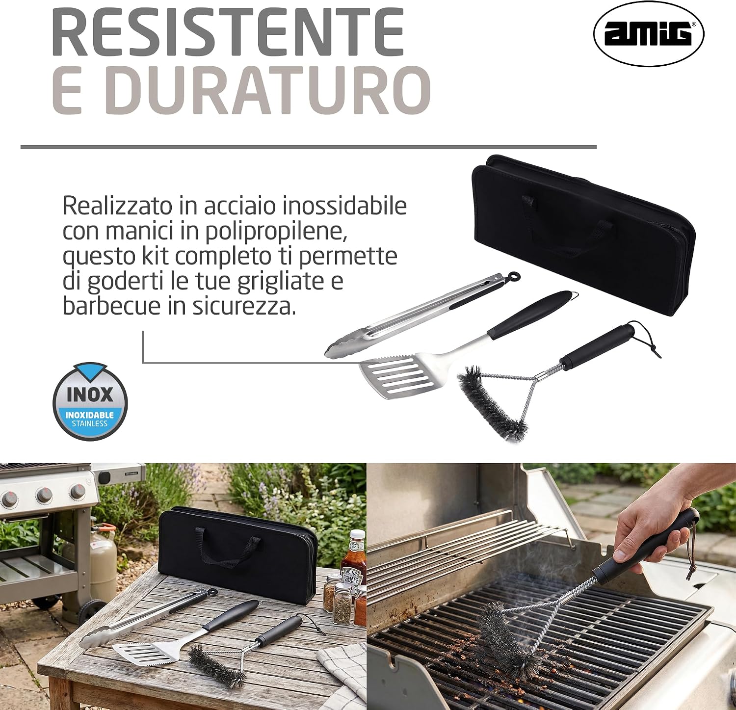 Detalle de Amig Kit 3 Accessori per Barbecue AM02: spatola, pinze e spazzola in acciaio inox con custodia