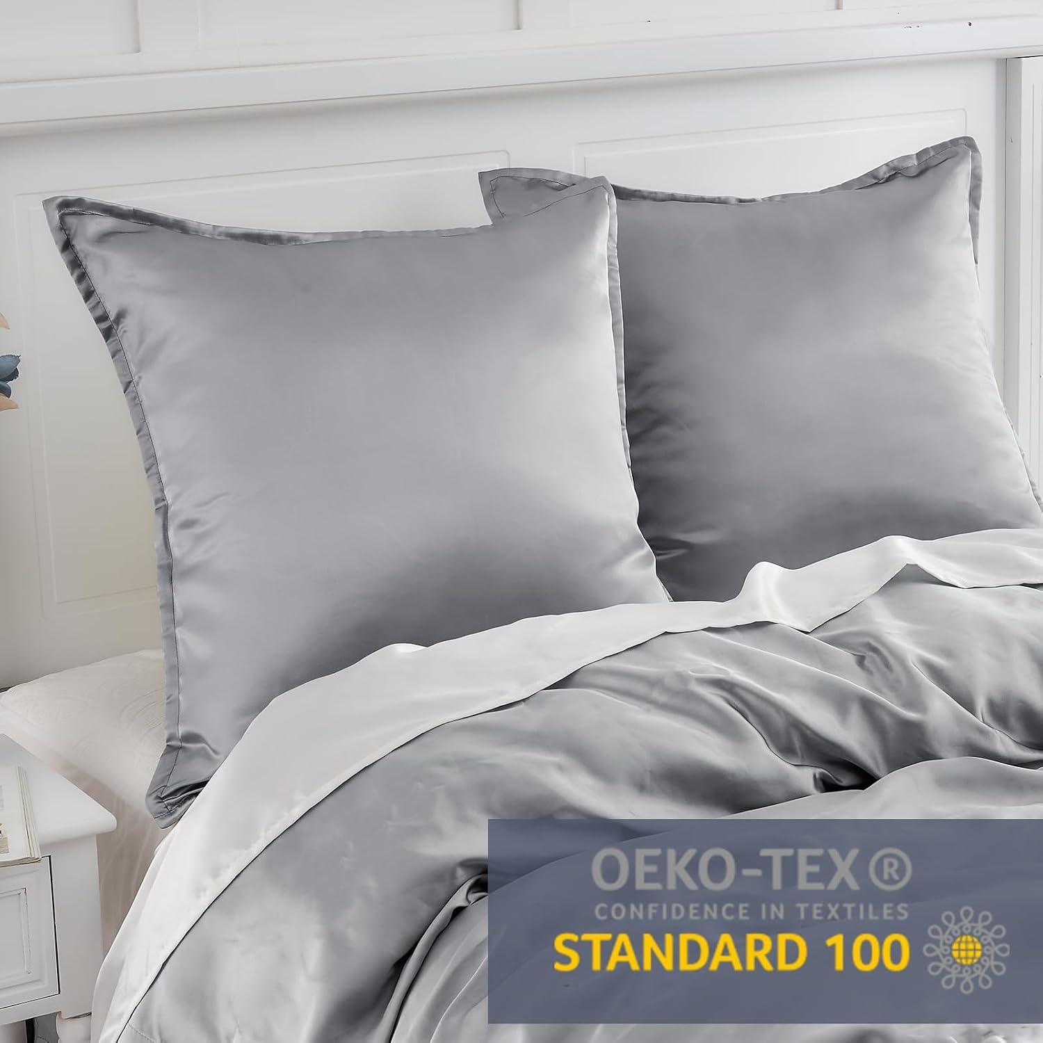 Detalle de Vielit Taie Oreiller Satin 65x65 – Lot de 2, gris, Certifiée OEKO-TEX