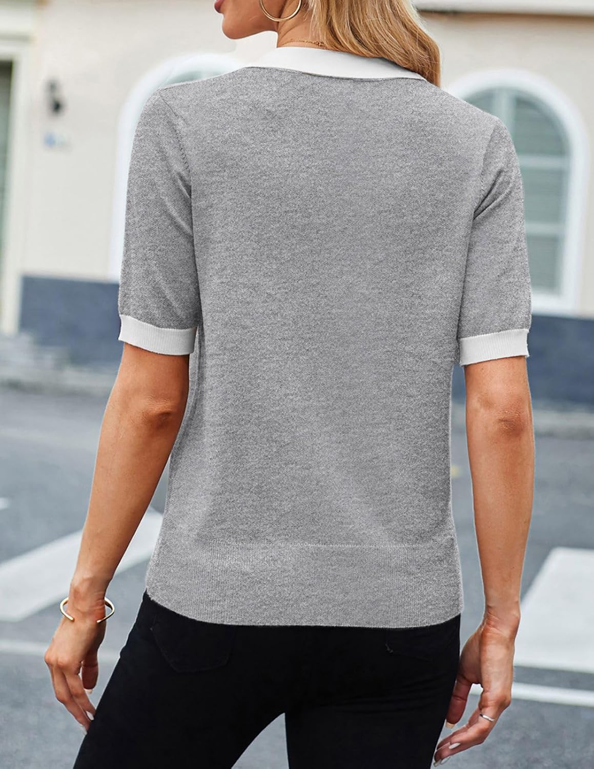 Detalle de Kate Kasin Women Short Sleeve Polo Sweater (V-Neck Knit Ribbed Pullover)