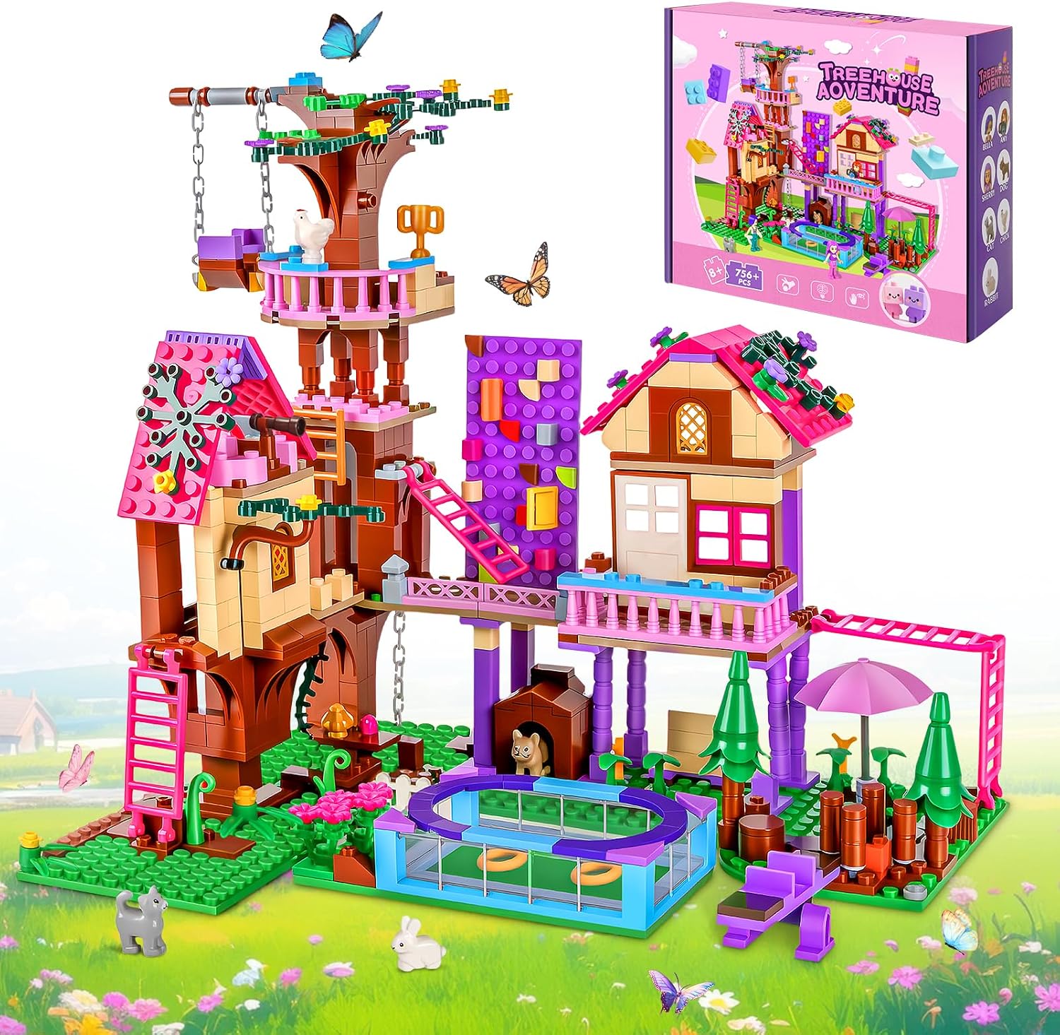 Detalle de Charmofun Ensemble de Construction Cabane dans les Arbres – 756 Pièces, Avec 3 Personnages et 4 Animaux