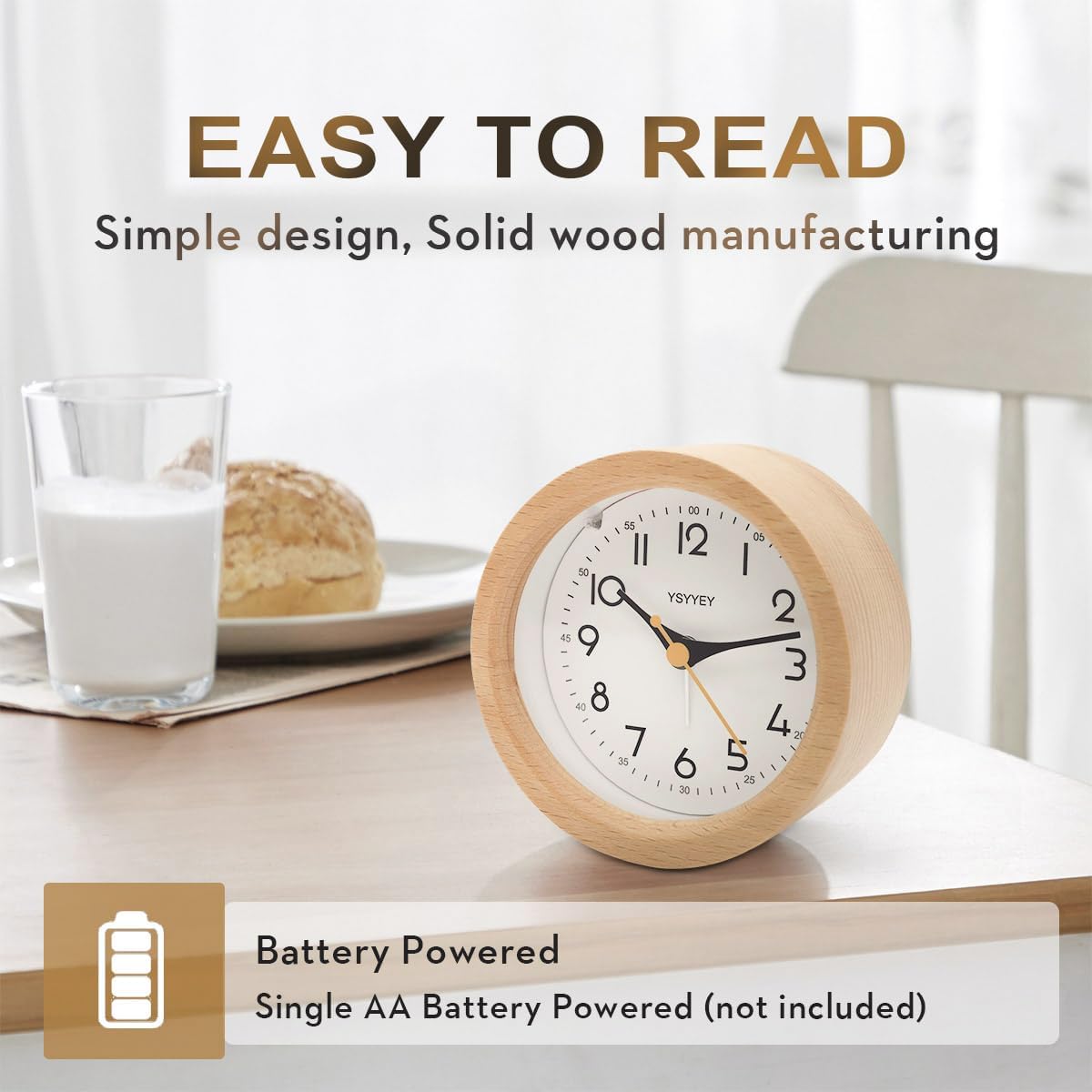 Detalle de YeyYey Wooden Alarm Clock Silent Analogue – Natural Wood Bedside Clock with Snooze