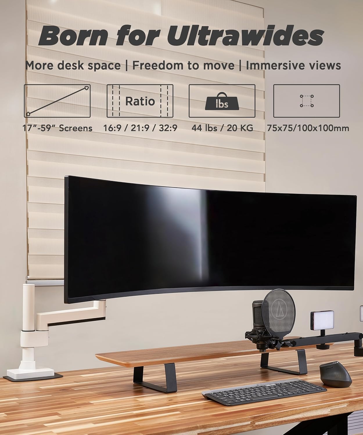 Thumbnail 1 de ULTRARM Braccio Heavy Duty per monitor 57” MA20PW-S, regolabile in altezza con molla pneumatica, VESA 75x75/100x100 fino a 20 kg (bianco)
