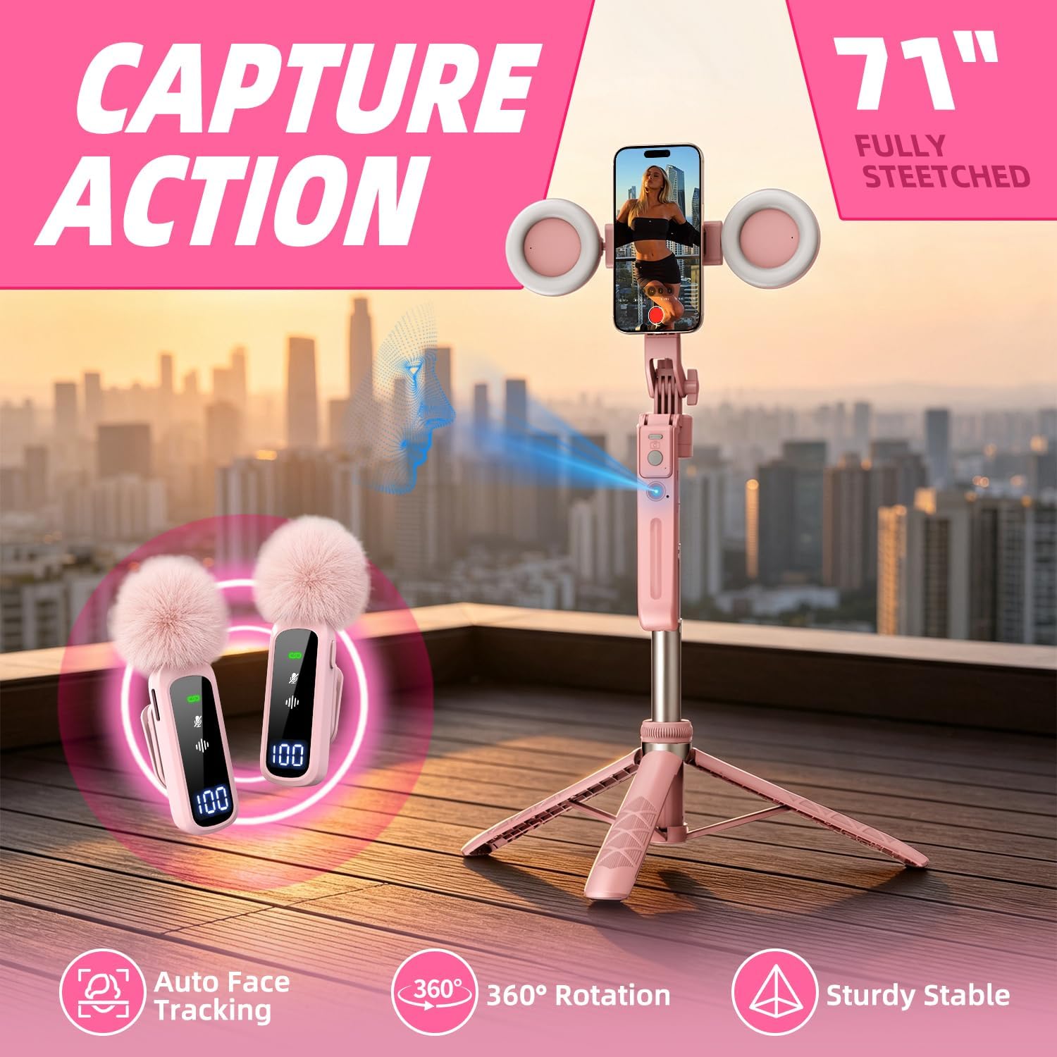 Detalle de yAyusi C20 Pink Vlogging Kit with 71" Face-Tracking Tripod, Lights & Mic