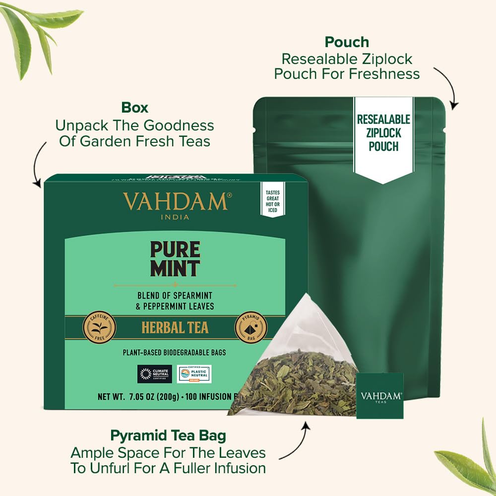 Detalle de VAHDAM Pure Mint Kräutertee Beutel (100 Teebeutel) koffeinfrei – Pfefferminze & Krauseminze