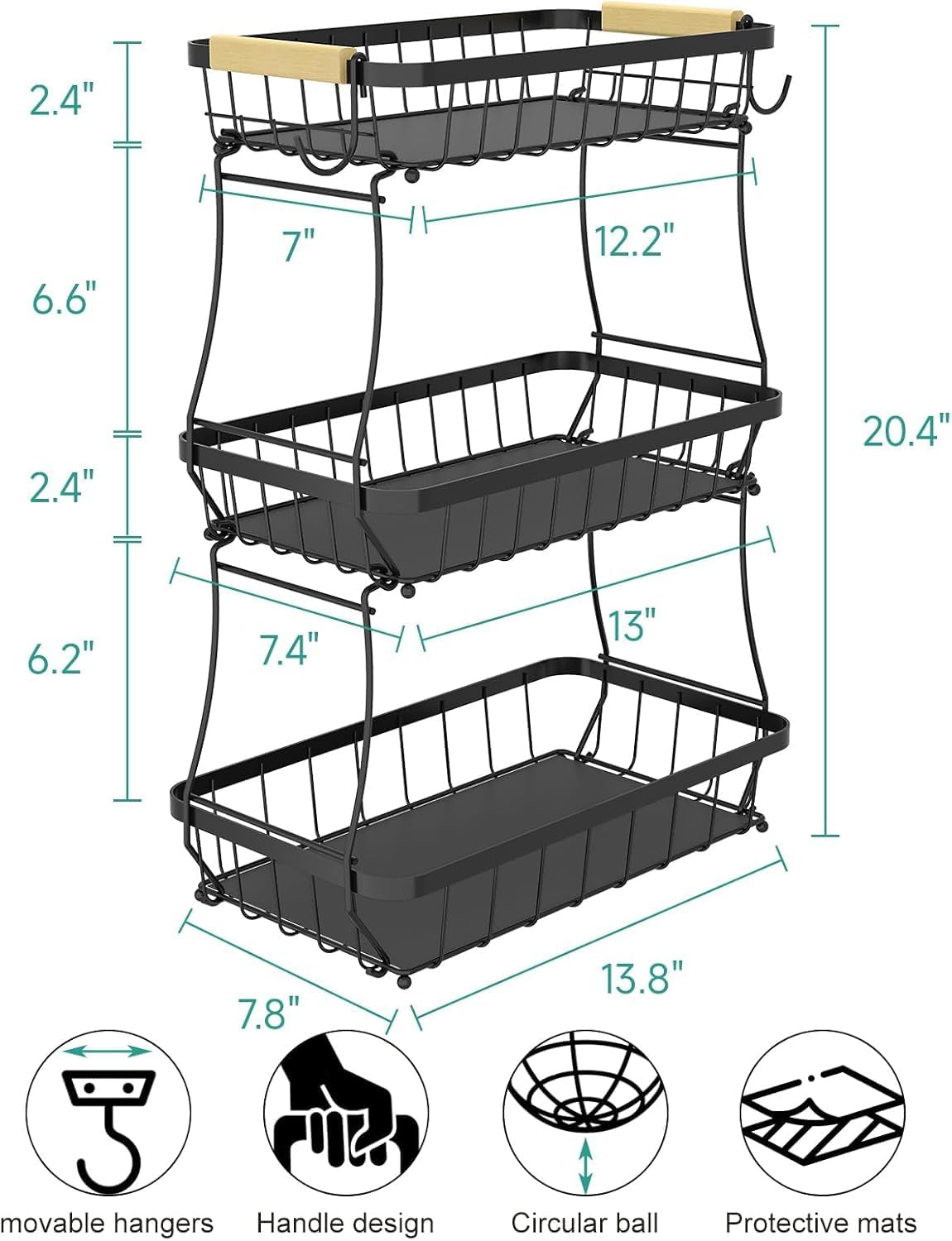 Thumbnail 6 de Fournine 3-Tier Fruit Bowl Basket with Banana Hanger (Detachable Countertop Organiser), Black