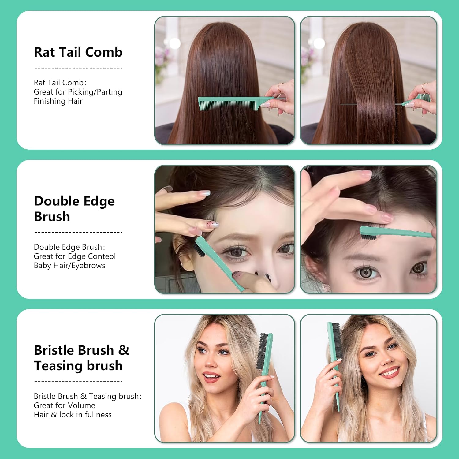 Detalle de Curl Defining Brush (4-Piece Set) for Curly Hair, Slick Backs, and Combing/Styling in Green
