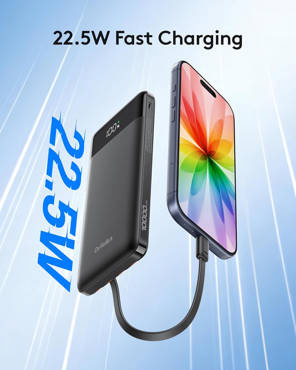 Detalle de Orfeika K14E 10,000mAh Power Bank, 22.5W Fast Charging, Built-In Cables