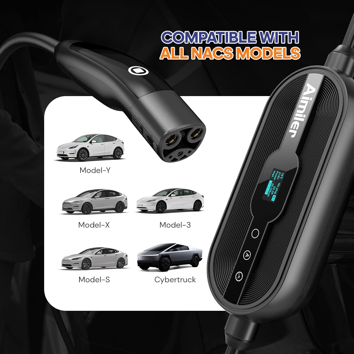 Thumbnail 1 de AIMILER Level 2 Tesla Charger (WiFi App, 32A) with NACS Connector + 25ft ETL-Certified Cable, NEMA 14-50P