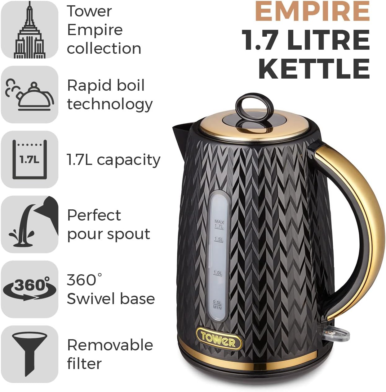 Detalle 2 de Tower T10052BLK Empire 1.7L kettle 3000W