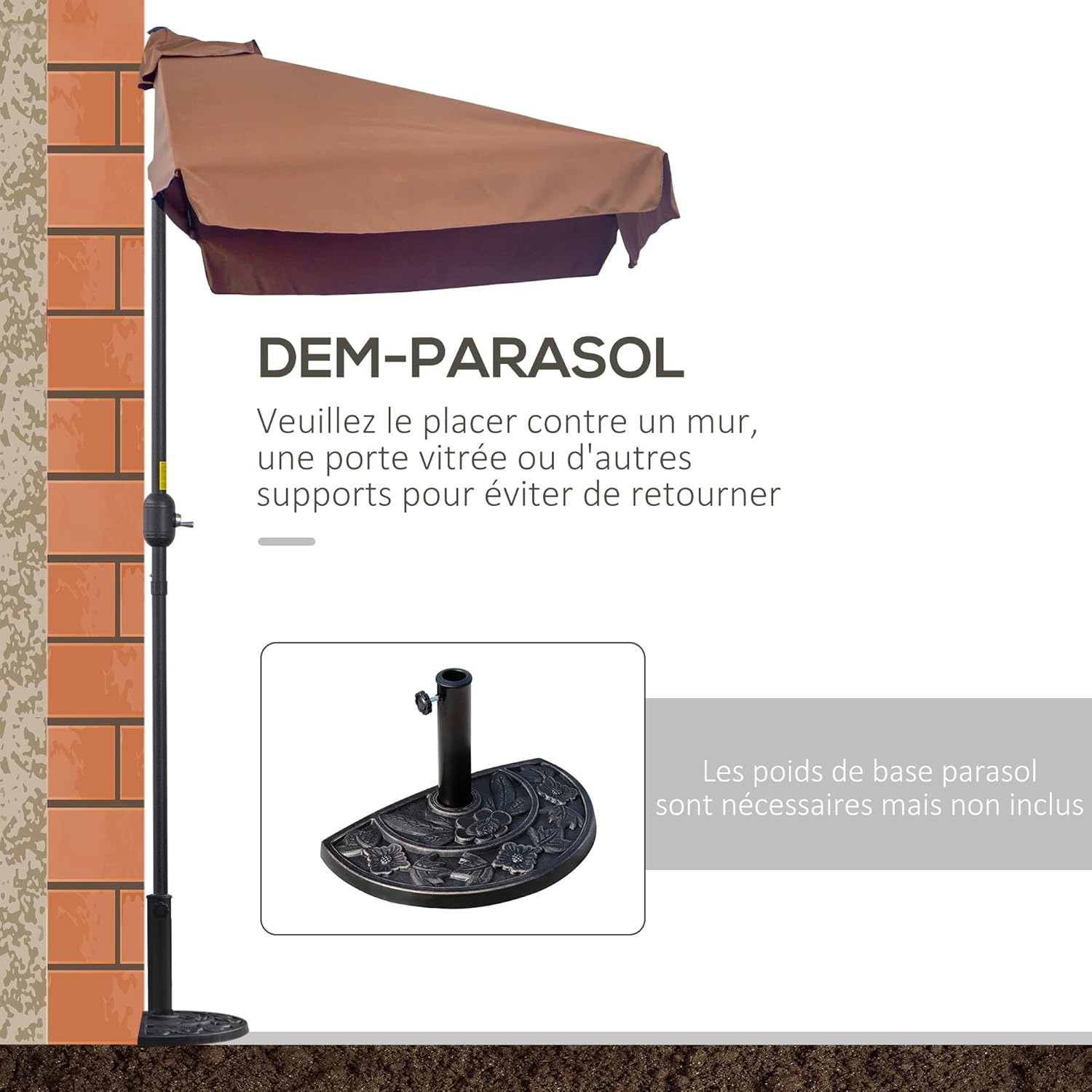 Thumbnail 5 de Outsunny Demi parasol – parasol de balcon 5 entretaux en métal, 2,3 x 1,3 x 2,49 m, voile en polyester haute densité