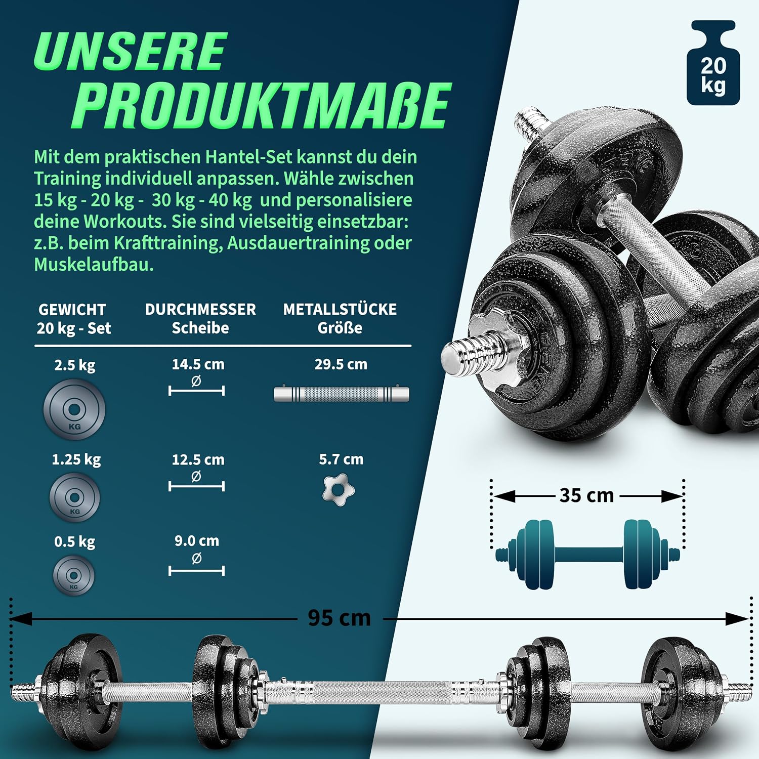 Detalle de RE:SPORT 2-in-1 Hantelset 15–60 kg (Gusseisen) – Kurzhantel & Langhantel mit Verbindungsrohr