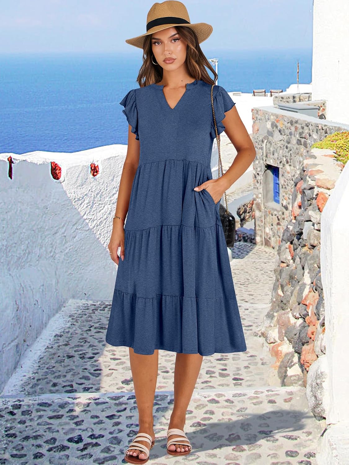 Thumbnail 1 de ANRABESS Women's Summer Dress with Ruffle Sleeves, V-Neck Midi Boho Sundress