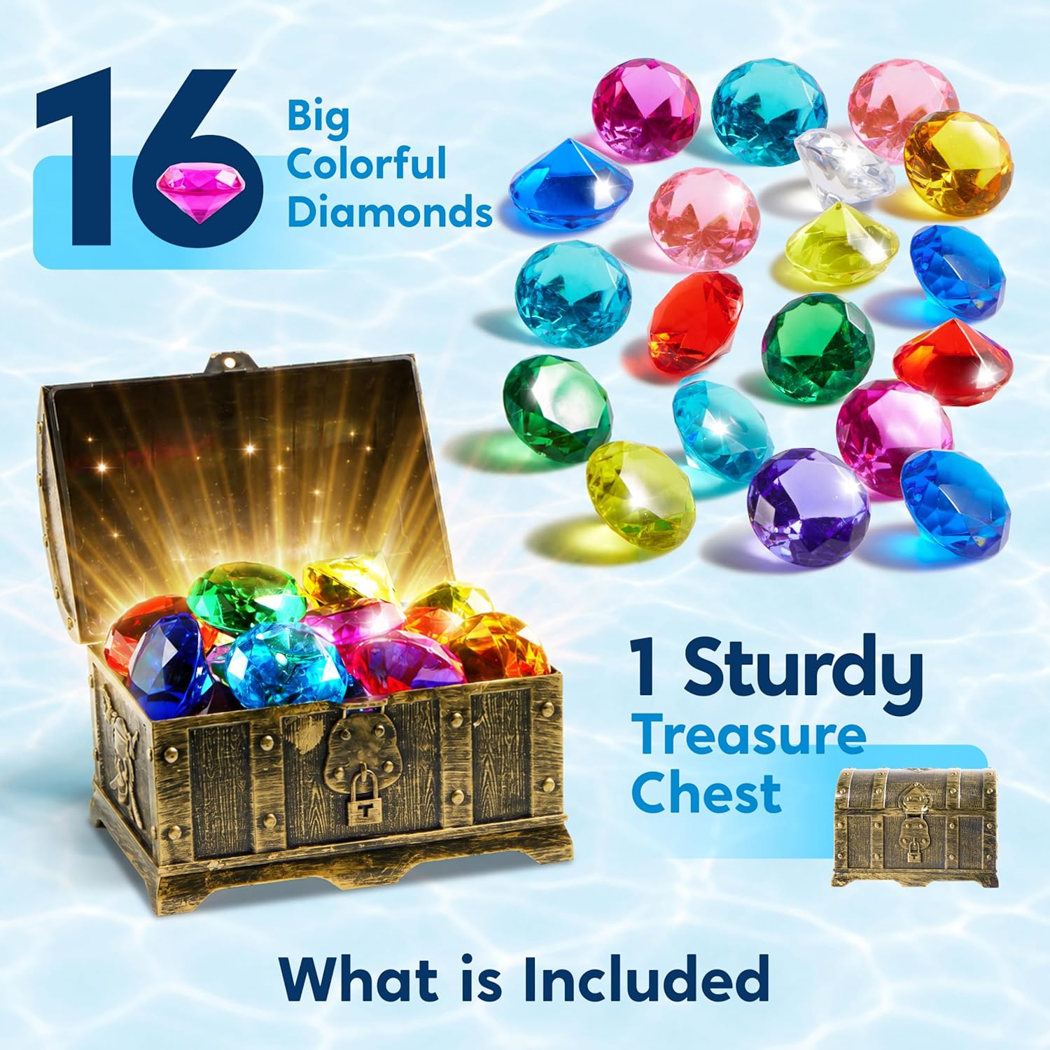 Thumbnail 1 de Sloosh Diving Gems Pool Toys: 16 Big Colorful Diamond Gems with Pirate Treasure Chest (Acrylic Dive & Swim Game)
