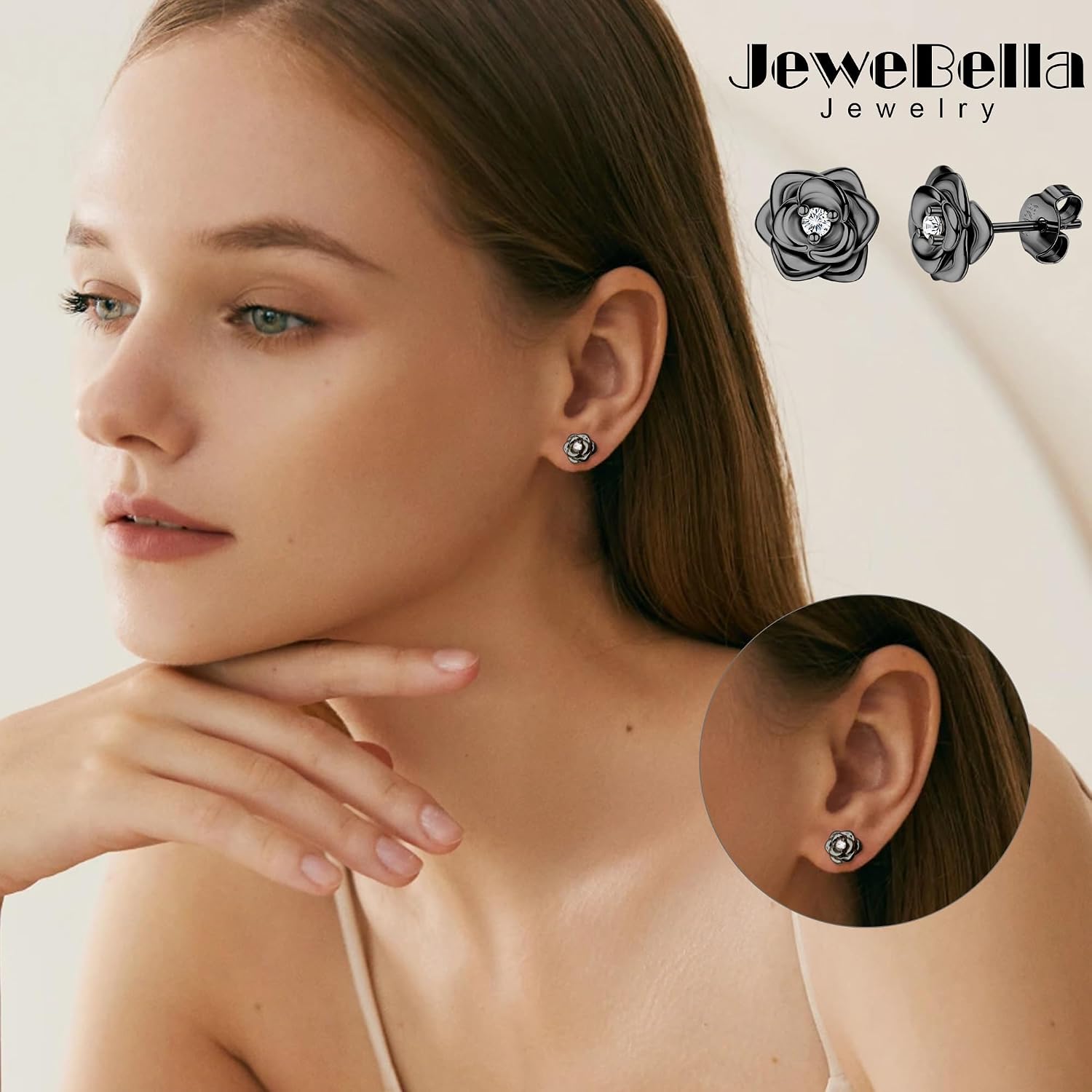 Detalle de JeweBella Kleine Rosen Ohrstecker aus 925 Silber (Hypoallergen) mit 5A+ Zirkonia