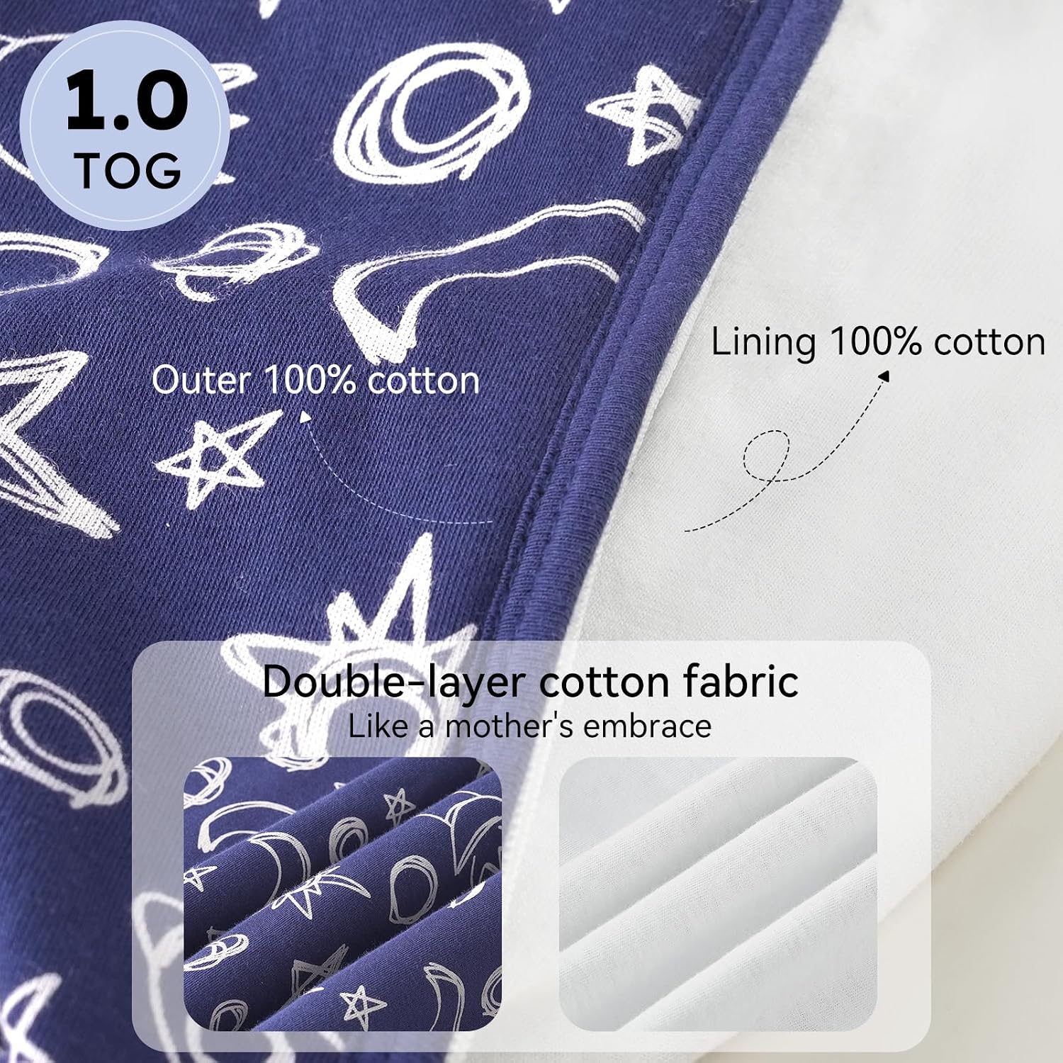 Thumbnail 4 de Unnivoll Baby Sleeping Bag 1.0 Tog 12–18 Months, 100% Cotton Sleep Sack – Blue Moon