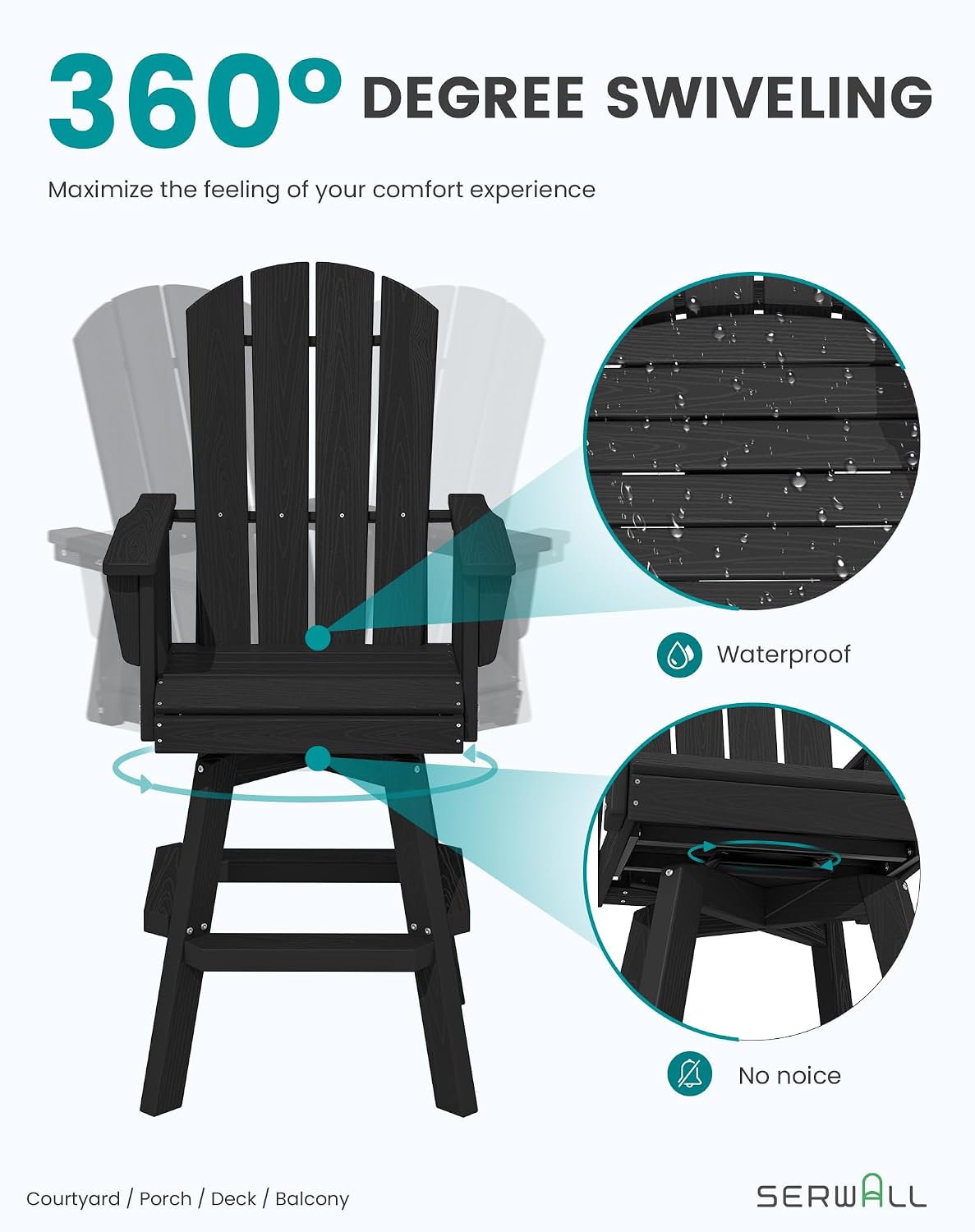 Detalle de SERWALL A041-204 Swivel Adirondack Bar Chairs, Set of 2, Black HDPE