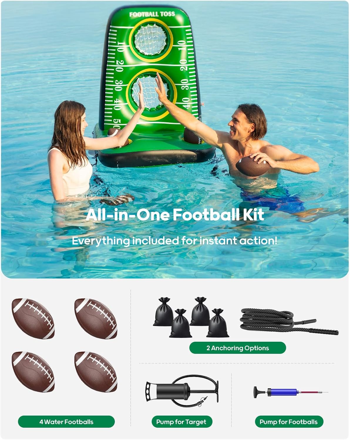 Thumbnail 3 de QPAU Inflatable Football Toss Game for Pool — Dual-Net Water Football Target with 4 Balls & 2 Pumps