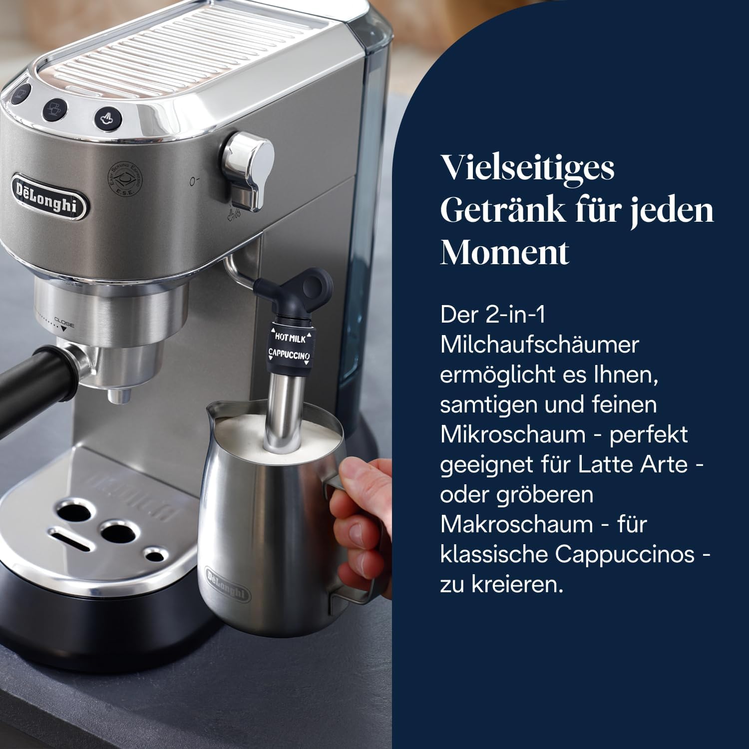 Detalle 2 de De'Longhi Dedica Style EC685.TB – kompakte Siebträgermaschine Titan, 15 cm Breite