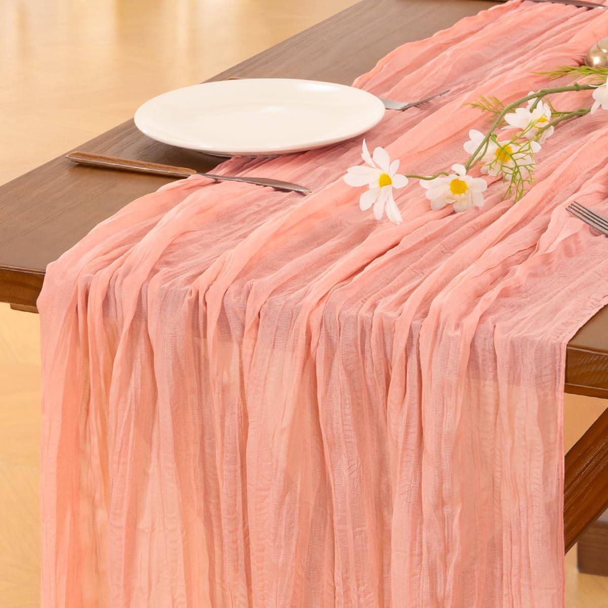 Detalle de Socomi 6pcs Coral Peach Cheesecloth Table Runner 120" 🎉