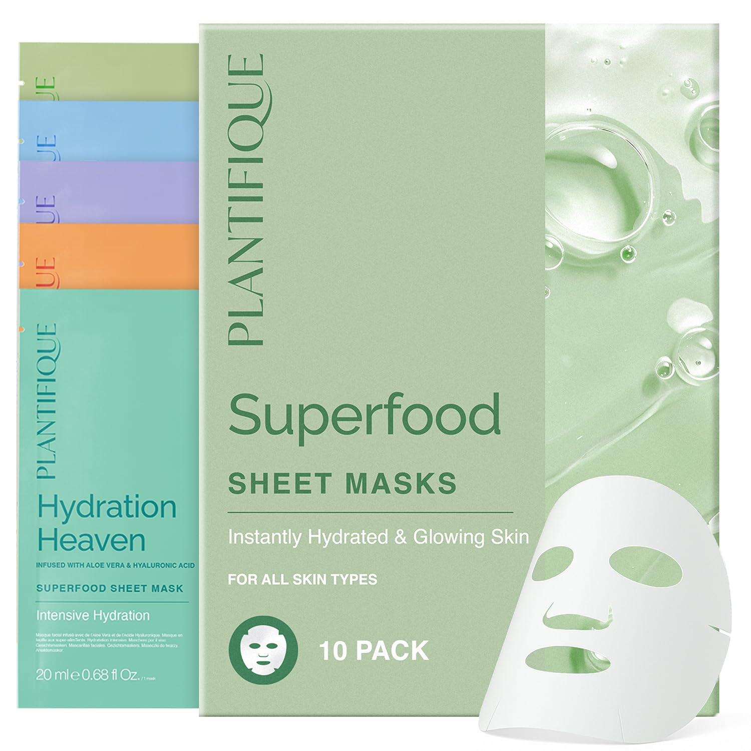 Detalle de PLANTIFIQUE Koreanische Gesichtsmaske 10-Pack – Feuchtigkeit, Kraft der Superfoods & Hyaluronsäure