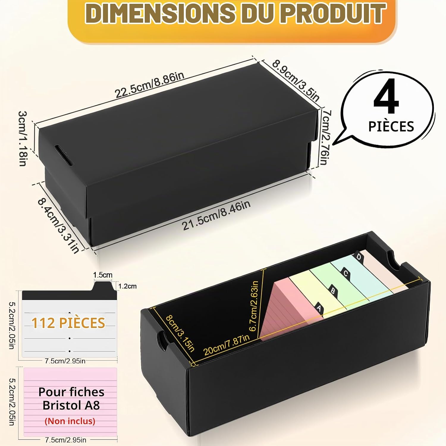 Detalle de LALATOK — 4 Boîtes A8 avec 112 Intercalaires et Fiche Bristol 52×74 mm, Noir