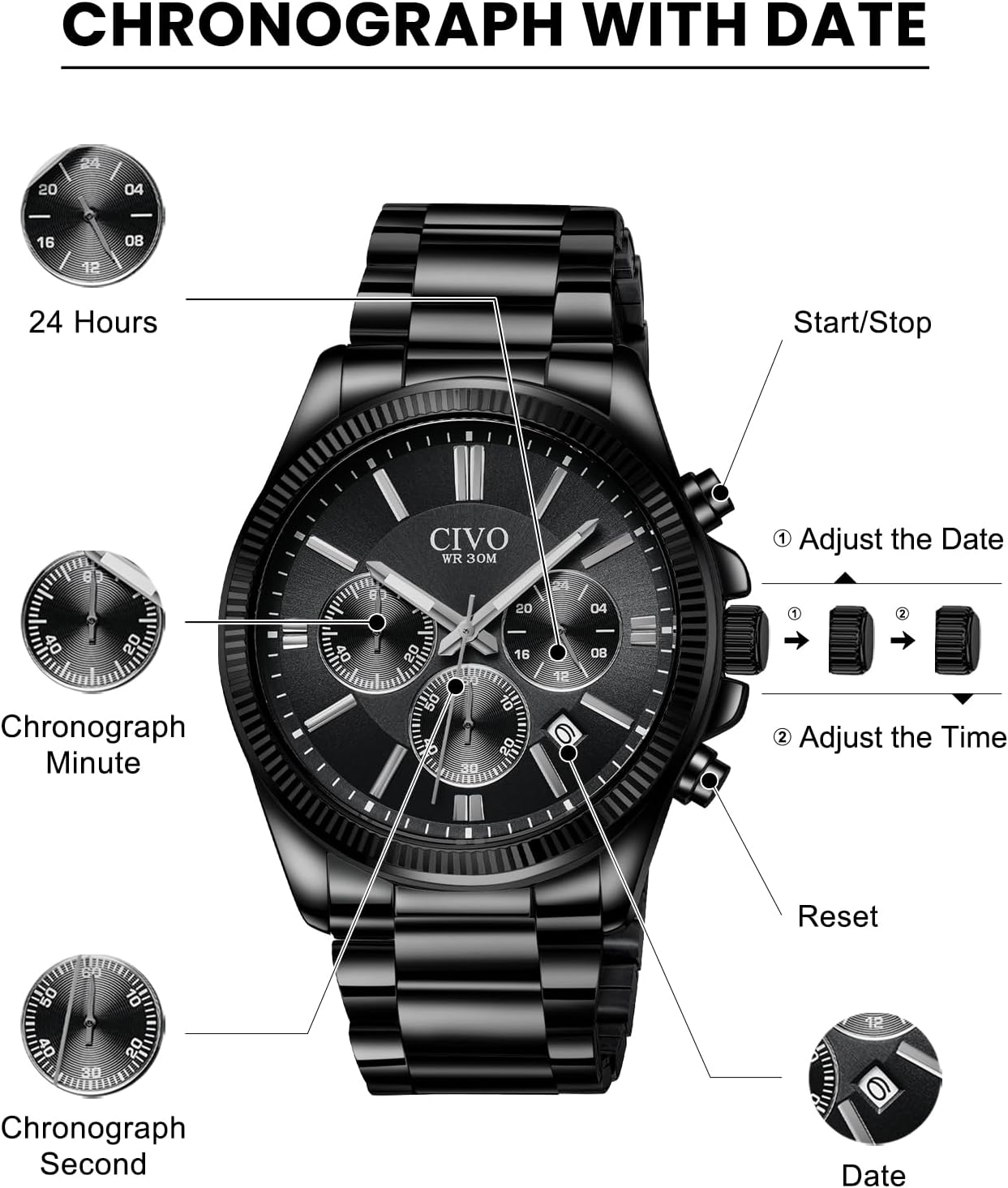 Thumbnail 2 de CIVO Herren-Chronograph Edelstahl Quarz mit Datum – wasserdichte 3-ATM-Armbanduhr (41 mm)