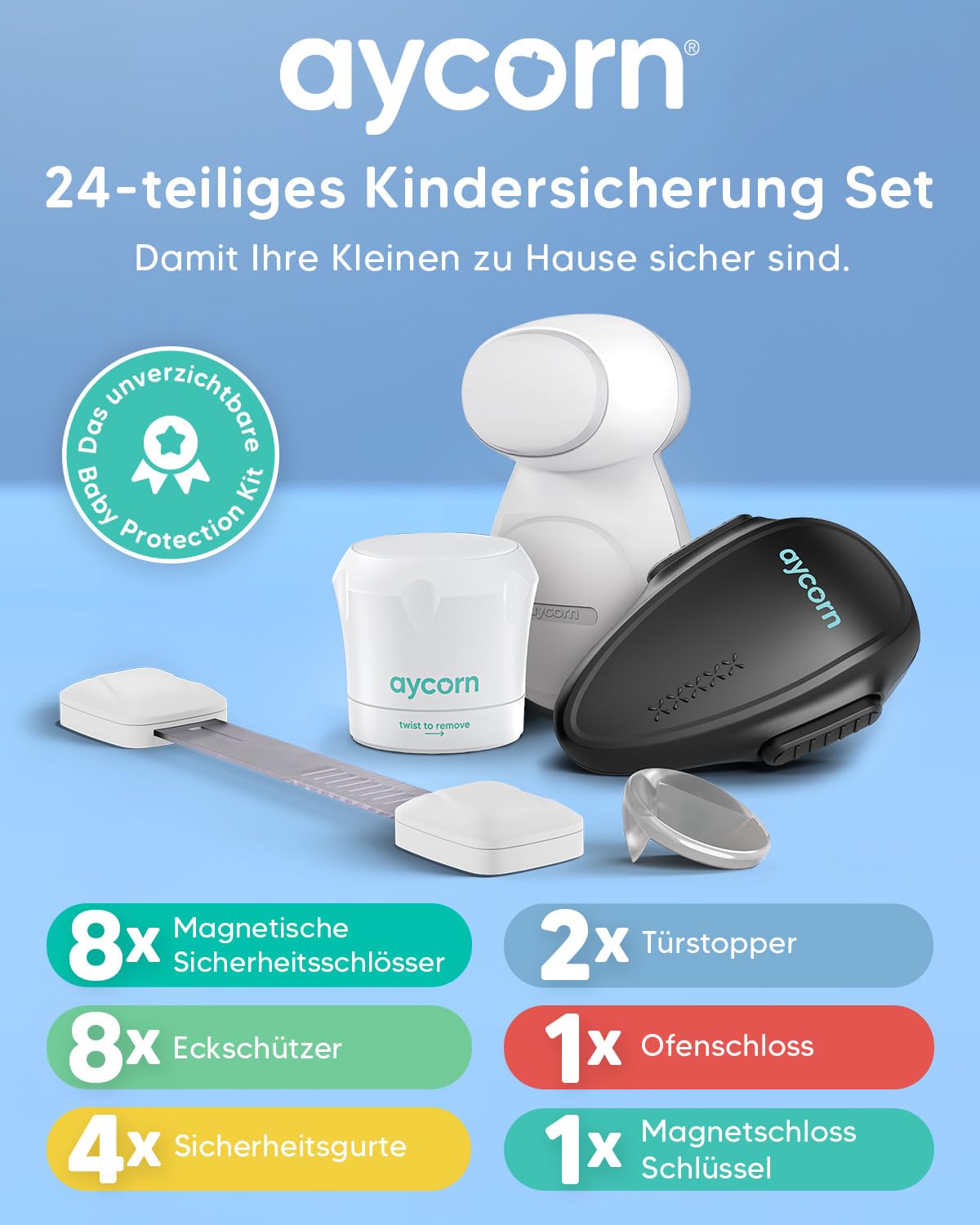 Thumbnail 1 de Aycorn Kindersicherung Set (24 Teile) – magnetische Schrankschlösser, Eckschutz, Türstopper und Ofenschloss (ohne Bohren)