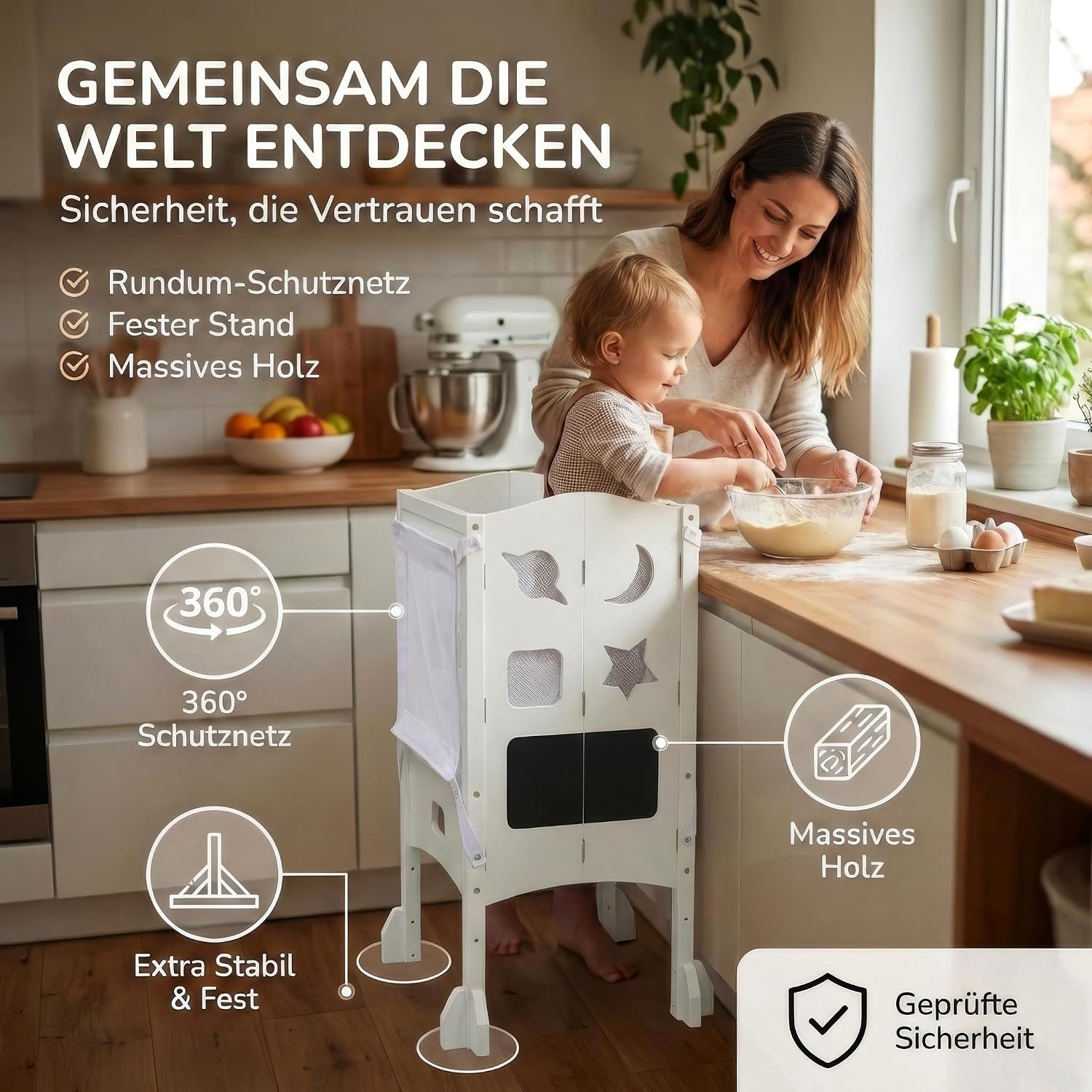 Detalle 2 de BabybeFun Lernturm ab 1 Jahr (klappbar) mit 360° Sicherheitsnetz & Anti-Kipp-Schutz