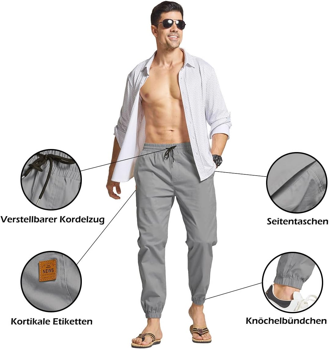 Detalle de JustSun herenbroek van katoen, slim fit, met trekkoord en vier zakken