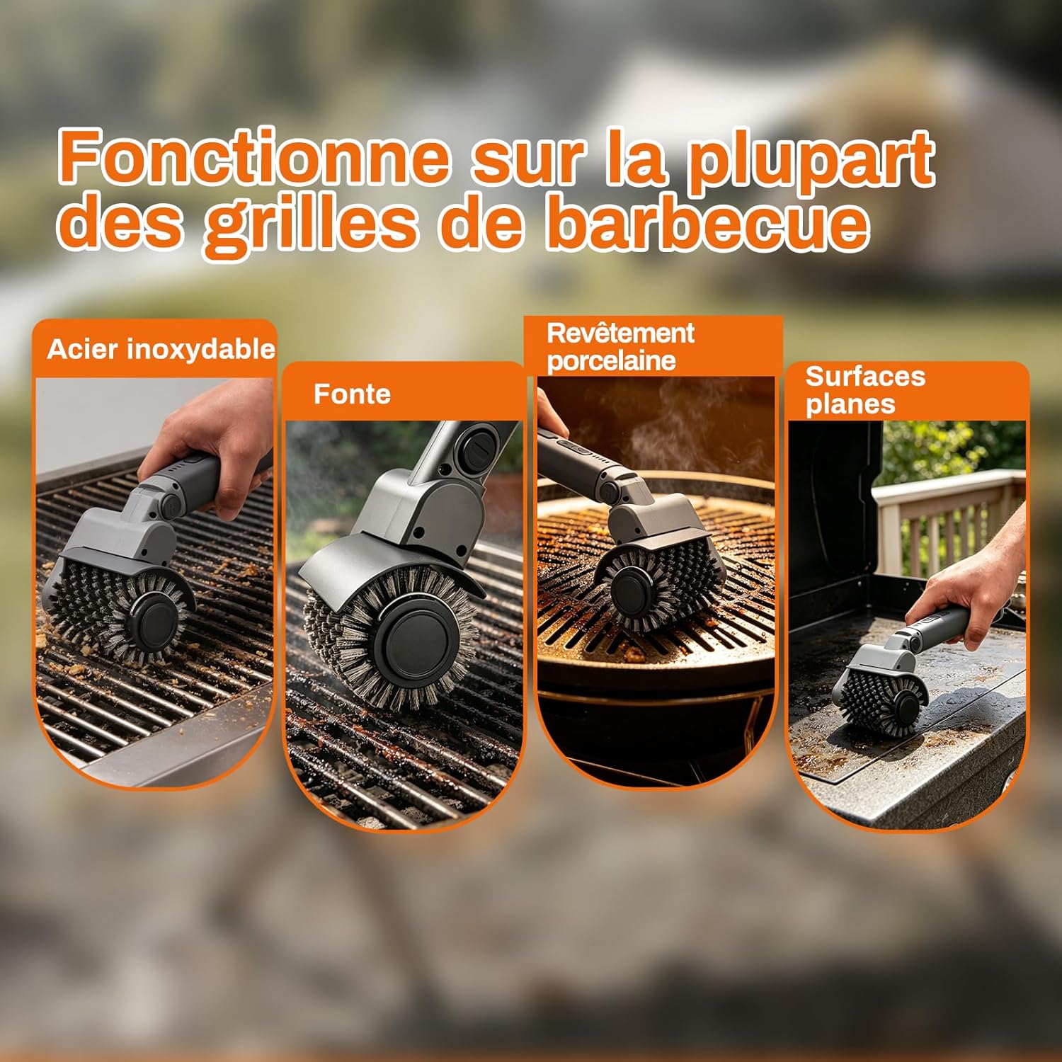 Detalle 2 de Hiwoor Brosse Barbecue Électrique sans Fil 3-en-1 — 150 Min d’autonomie, 3 têtes, 3 vitesses et tête articulée