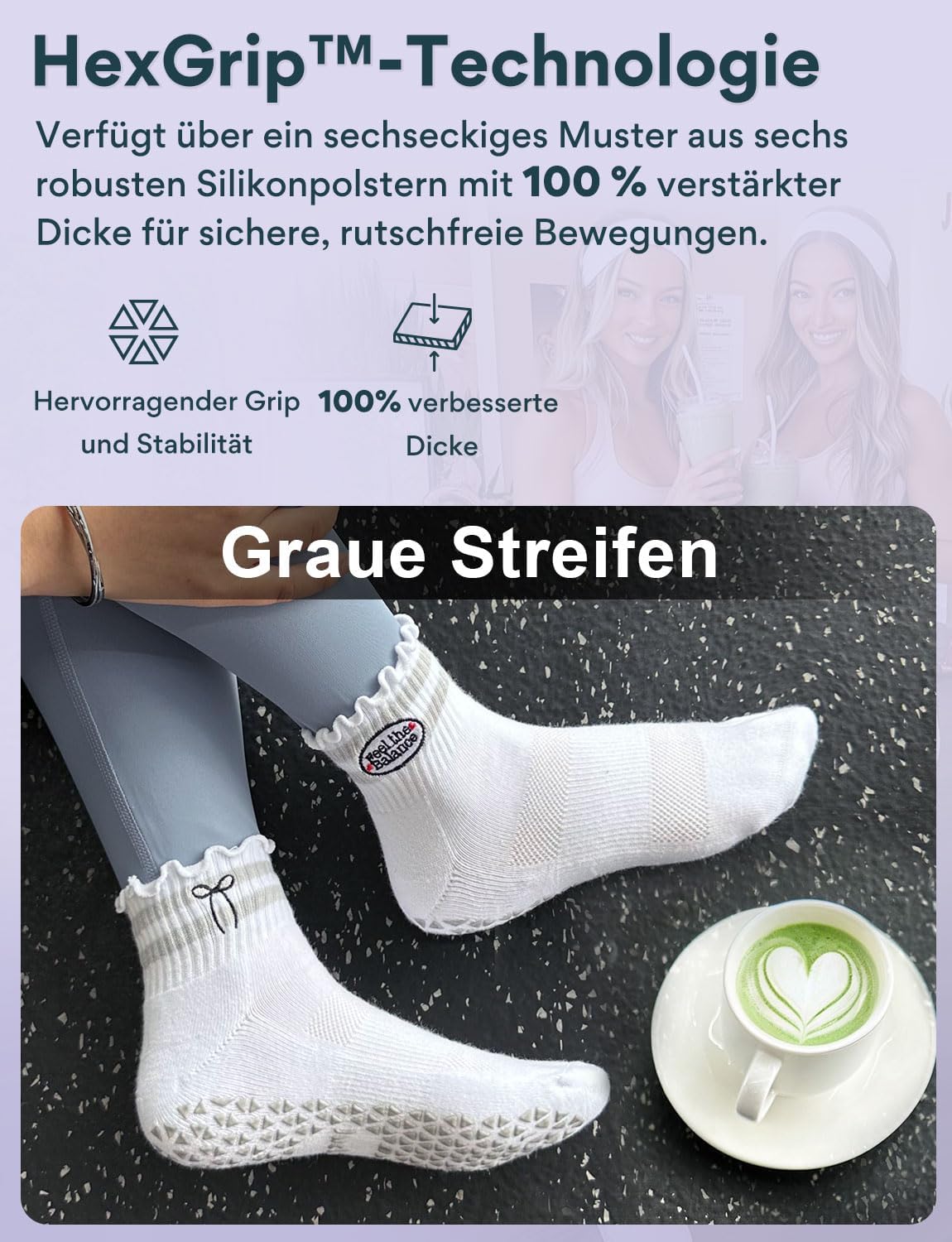 Detalle de Juclise Pilates Socken Damen – rutschfeste Bio-Baumwolle mit Rüschen und Stil für Yoga, Ballet & Fitness
