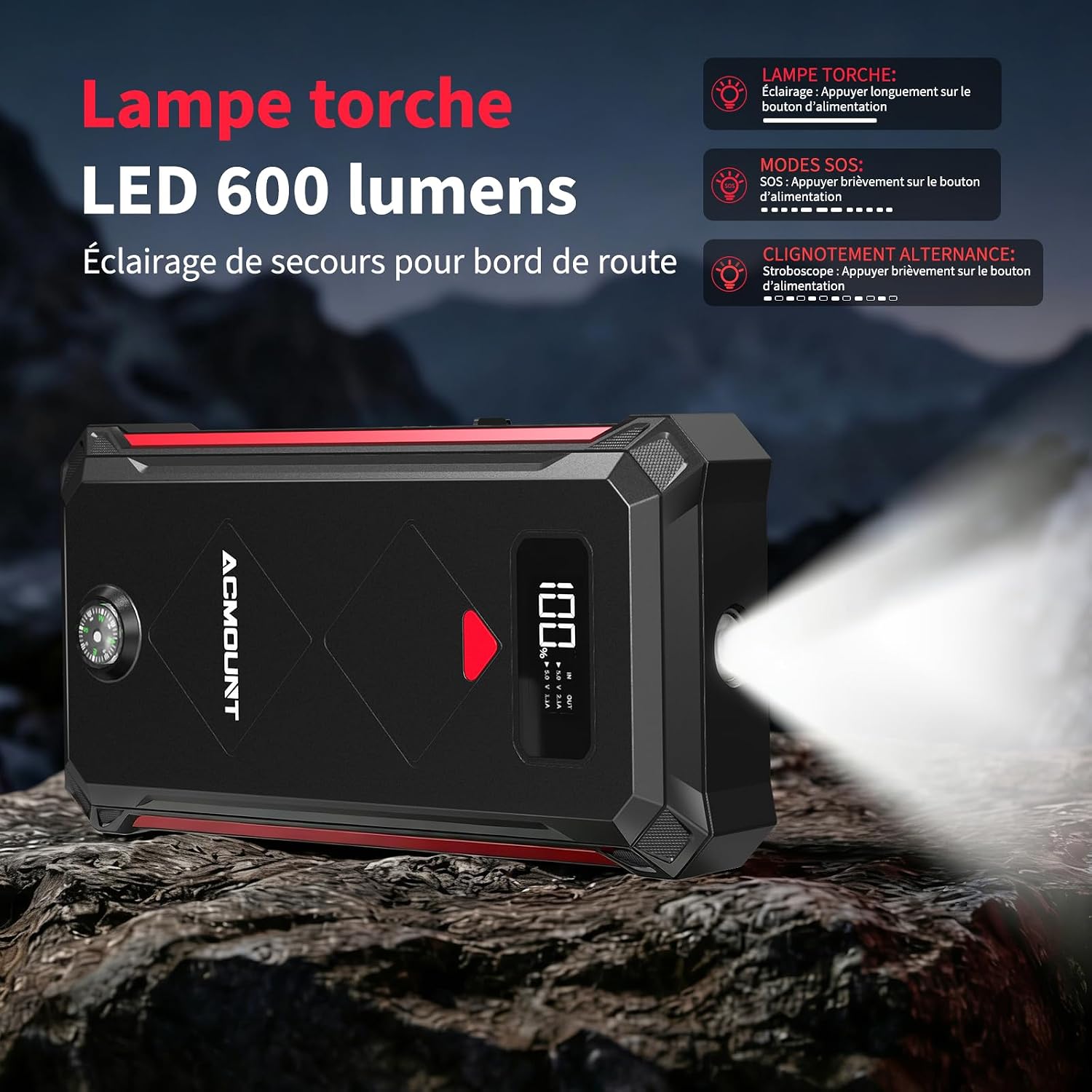 Detalle 2 de Acmount 7000A Booster Batterie Voiture 23800 mAh – démarreur 12 V avec pinces intelligentes, écran LCD et LED 3 modes