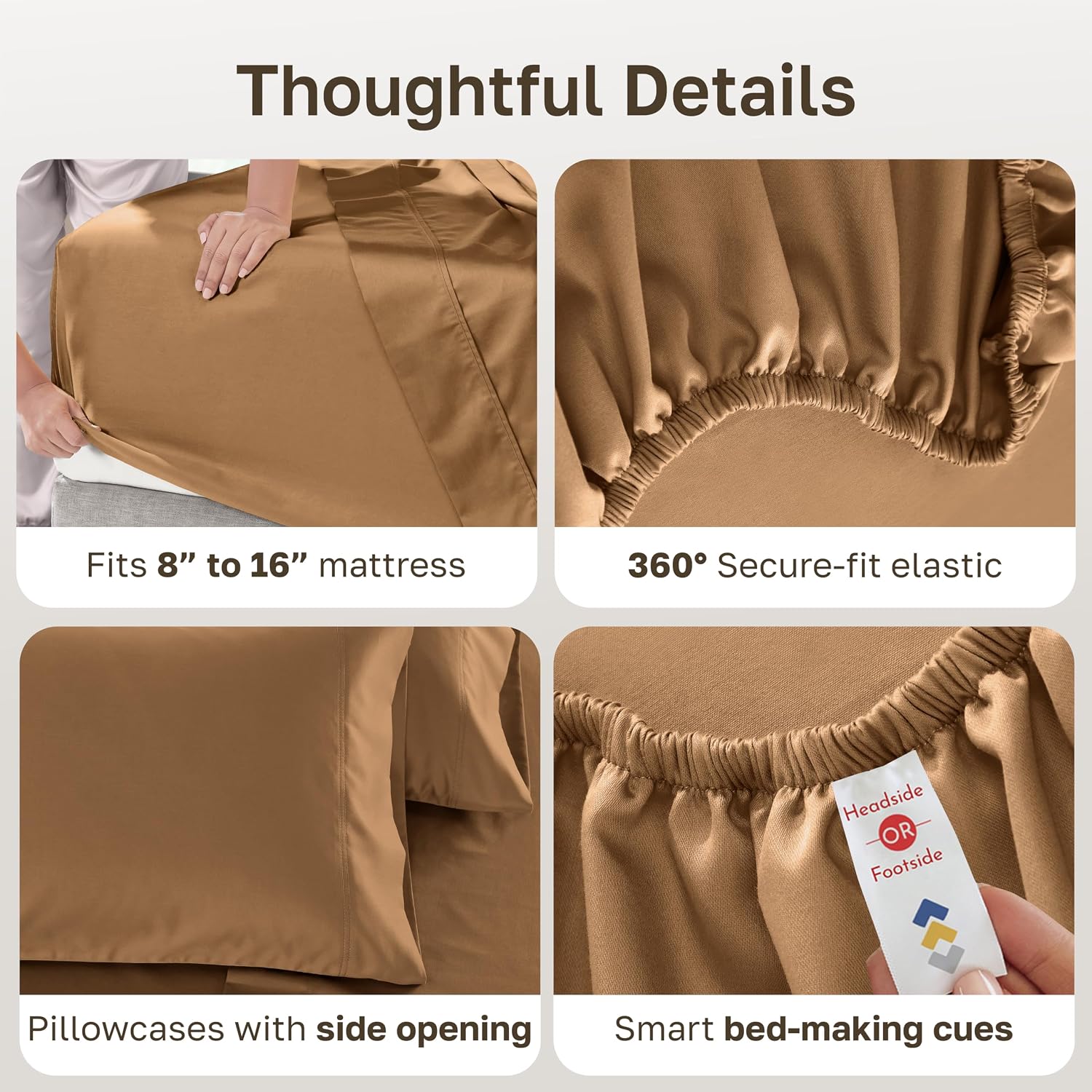 Detalle 2 de California Design Den 600 Thread Count Queen Sheet Set, Honey Caramel Cotton Sateen
