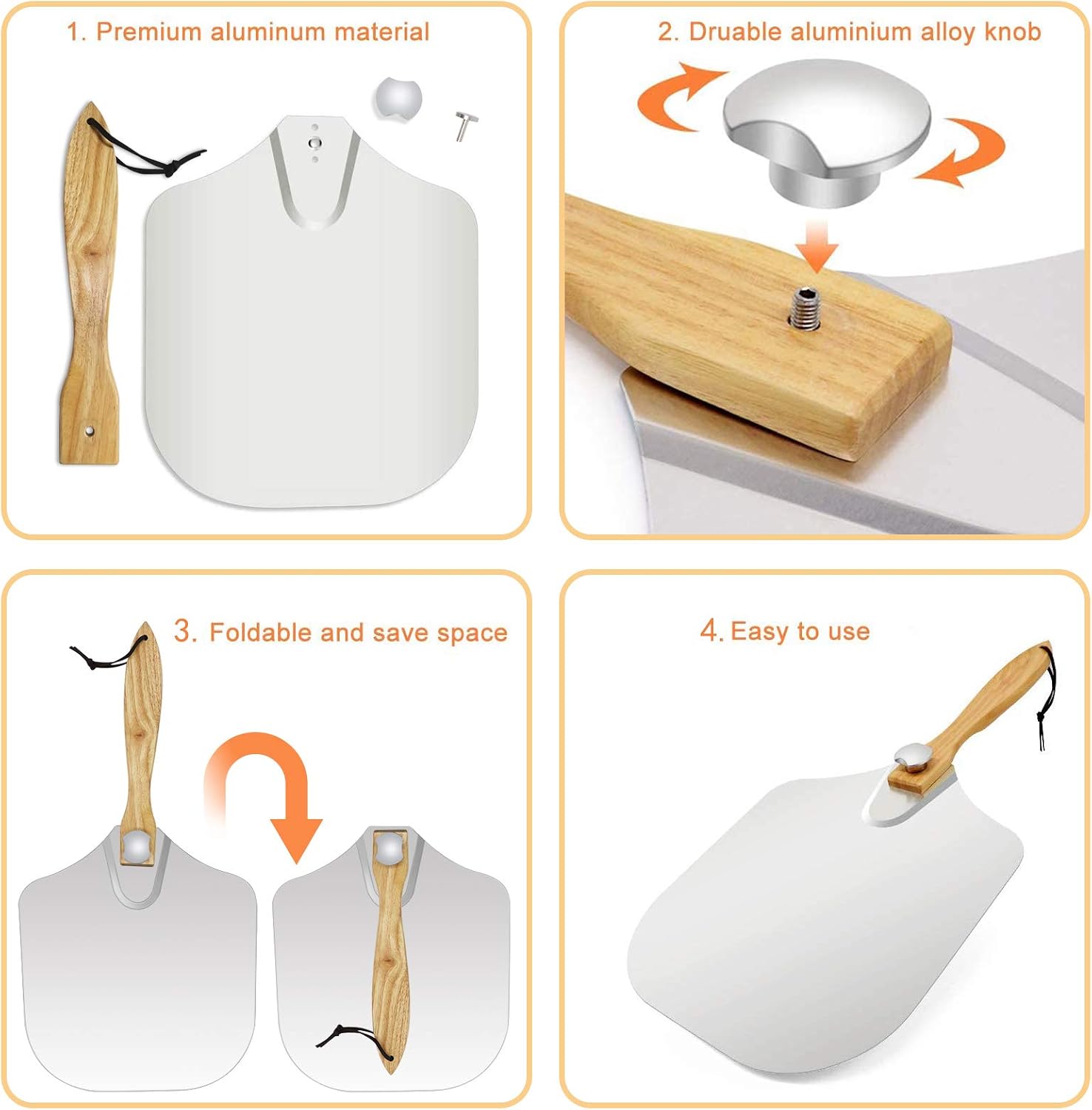 Detalle 2 de LKE Aluminum Pizza Peel with Foldable Wood Handle – 12x14 Inch Surface, 25 Inch Total Length