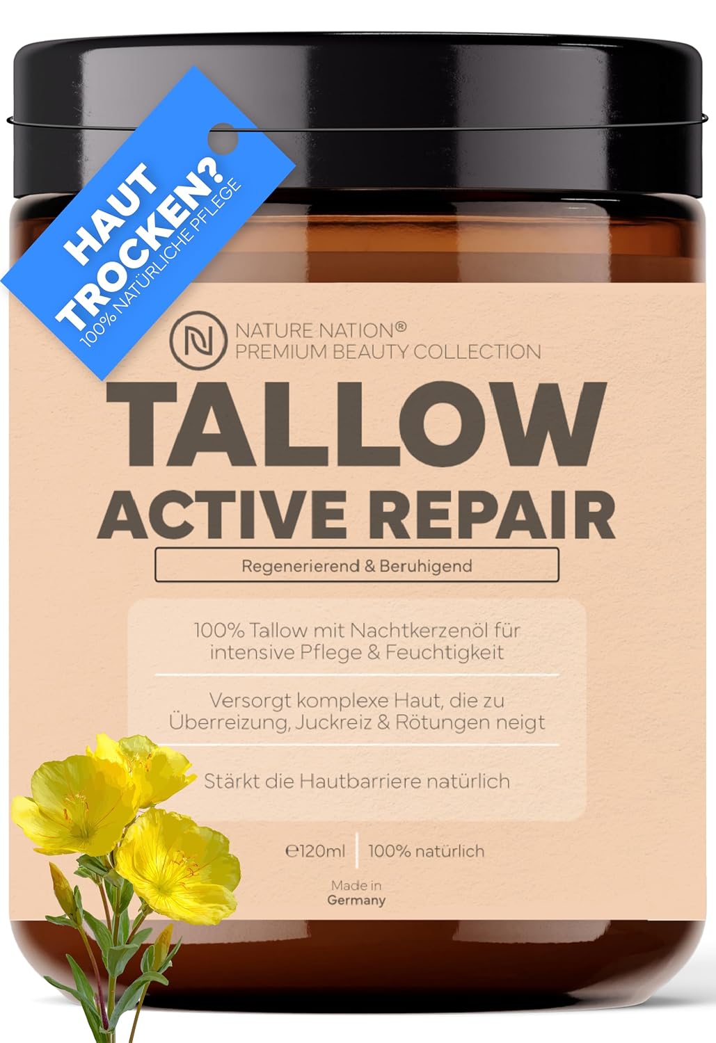 Detalle de Tallow Rindertalg Intensiv Creme bei Neurodermitis, Ekzemen, Psoriasis & Rosacea – Natürliche Akutpflege (1 x 120ml, Nachtkerzenöl)